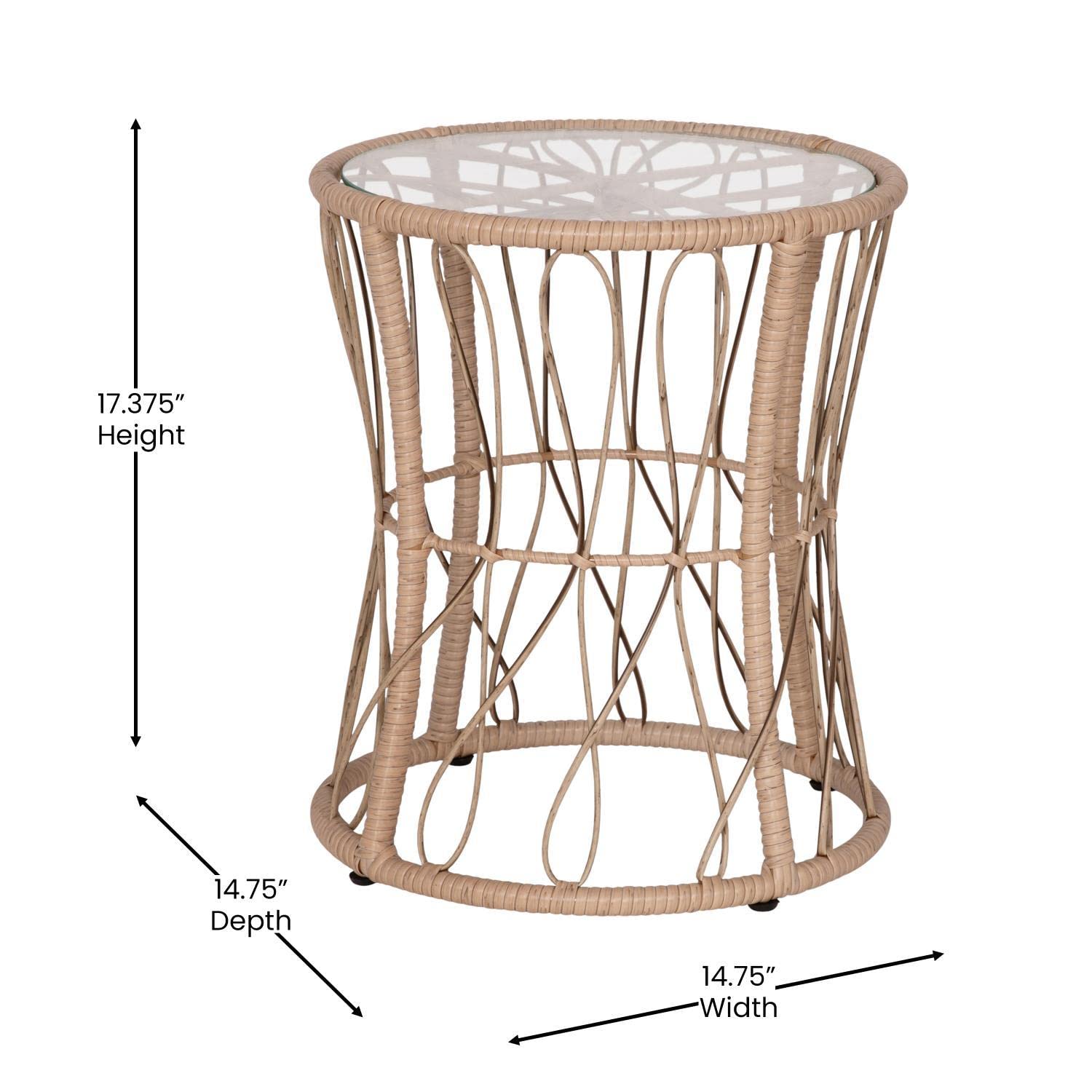 Flash Furniture Devon 3-Piece Indoor/Outdoor Bistro Set - Tan Finish Rattan Rope Papasan Style Chairs And Glass Top Side Table - Black Back And Seat Cushions