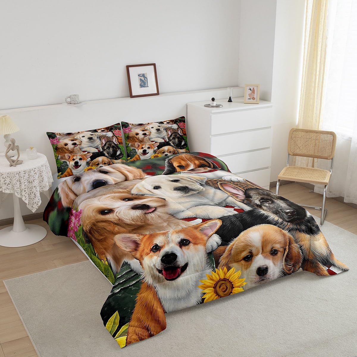 Dog Bedding Set For Boys Kids Kawaii Room Decor Comforter Set Cute Pet Puppy Quilt Set Toddler Lovely Kawaii Pug German Shepherd Bedding Bedroom Collection 2Pcs Twin Size, With 1 Pillowcase