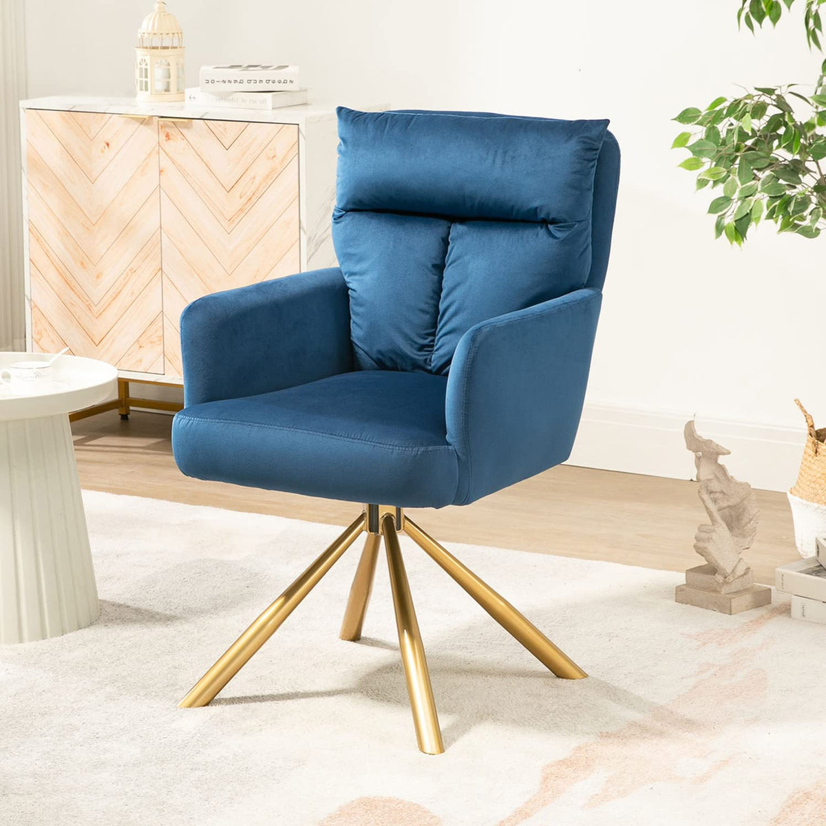 Ugijei Velvet Office Desk Chair No Wheels, Modern Vanity Chair With Gold Legs, Wide Seat Computer Task Chair For Home Office (Bl