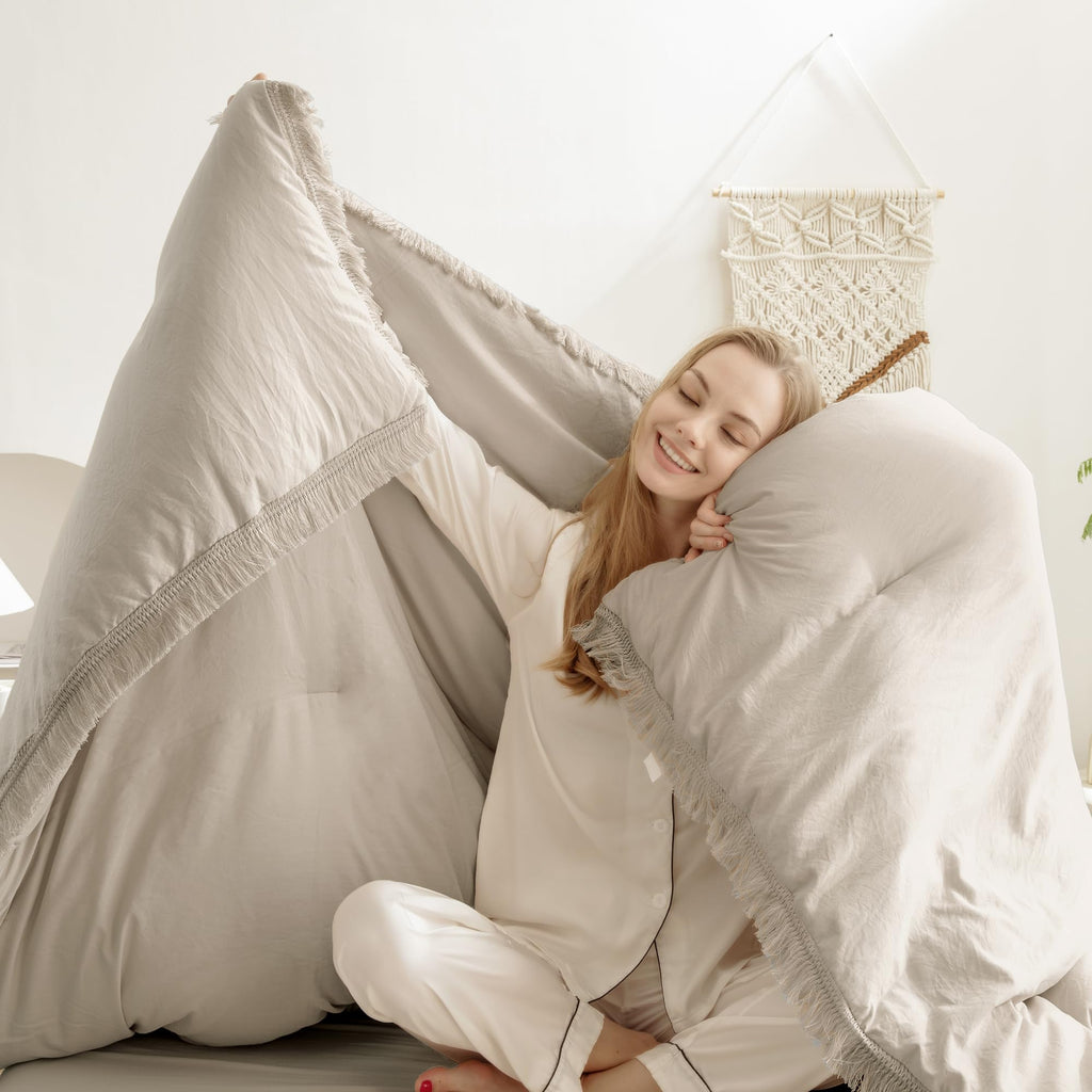Andency Oatmeal Comforter Set Queen, 3 Pieces Boho Tassel Lightweight Bedding Comforter Sets, All Season Soft Fluffy Fringe Bed Set (90X90In Comforter & 2 Pillowcases)