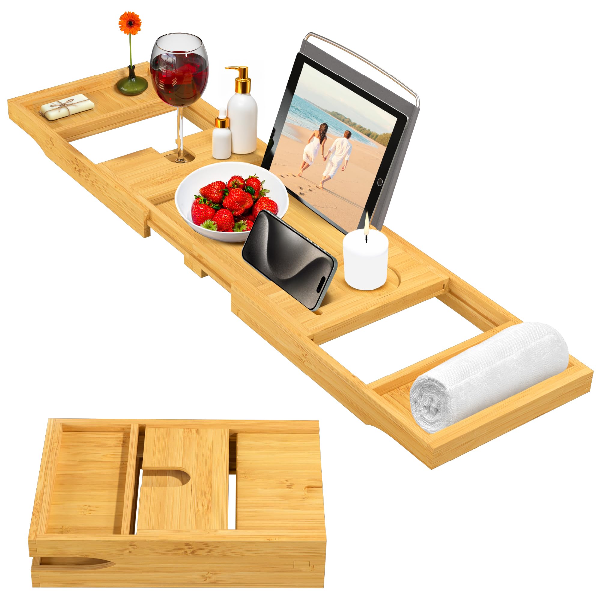 Bamboo Bathtub Tray for Tub - Expandable Bath Tray for Tub with Wine, Book & Tablet Holder - Luxurious Bath Accessories, Bath Ta