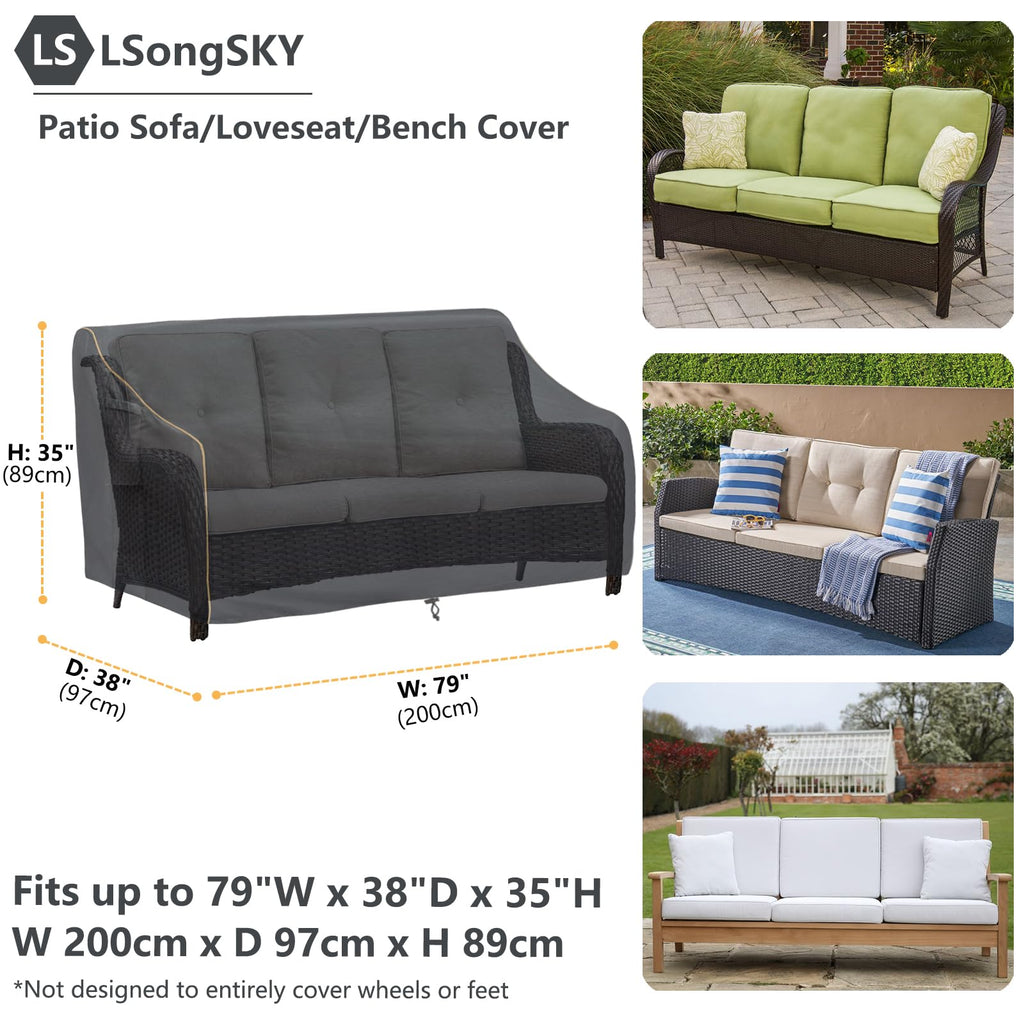 Lsongsky Patio 3-Seater Sofa Cover,Outdoor Couch Cover Fits Up To 79W X 38D X 35H Inches,100% Waterproof Heavy Duty Patio Furniture Covers,Black