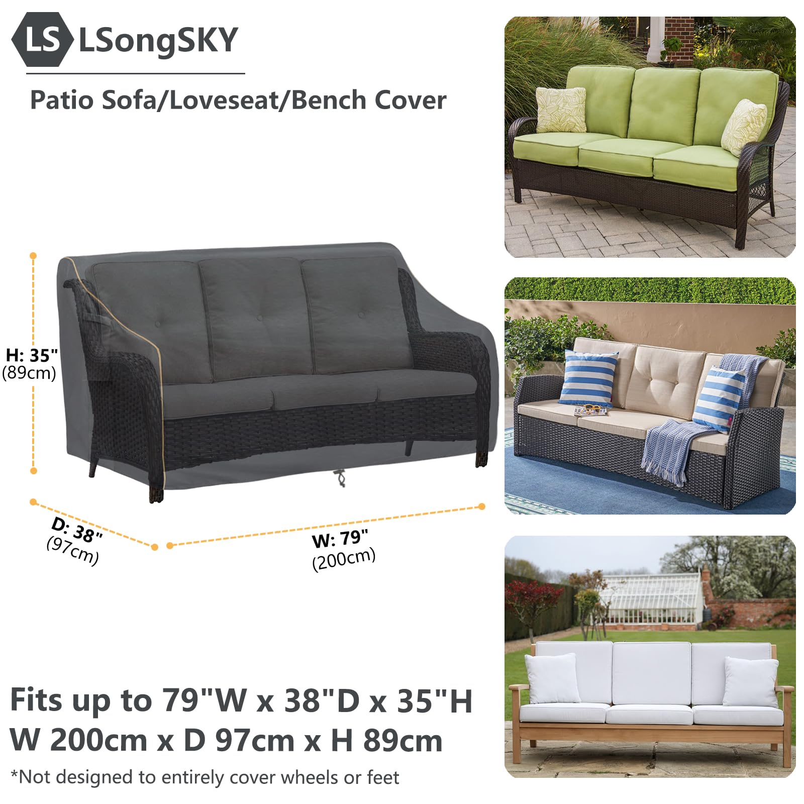 Lsongsky Patio 3-Seater Sofa Cover,Outdoor Couch Cover Fits Up To 79W X 38D X 35H Inches,100% Waterproof Heavy Duty Patio Furniture Covers,Black