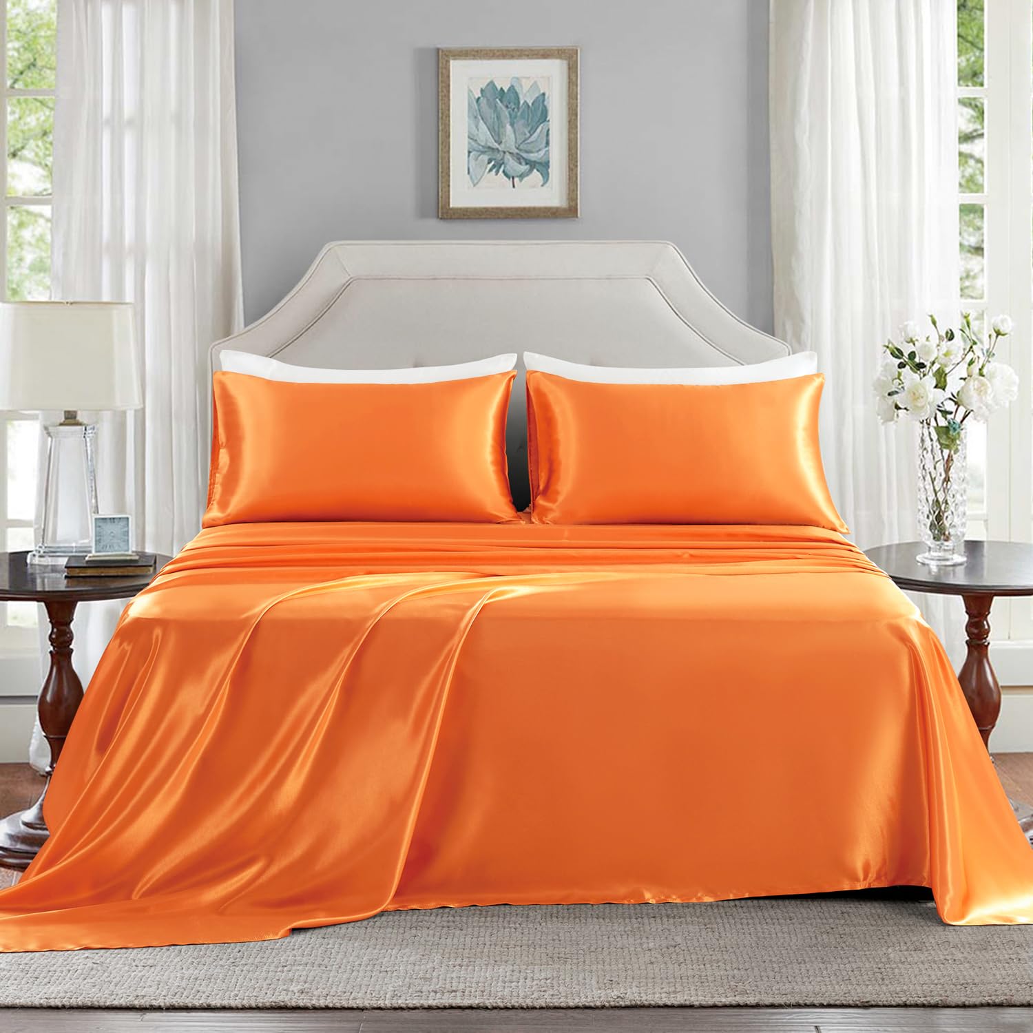Golal Satin Sheets California King Size - 4 Pieces Luxury Silky Soft Bed Sheets, Wrinkle-Free Burnt Orange Satin Silk Sheet Set With 1 Deep Pocket Fitted Sheet, 1 Flat Sheet, 2 Pillow Cases