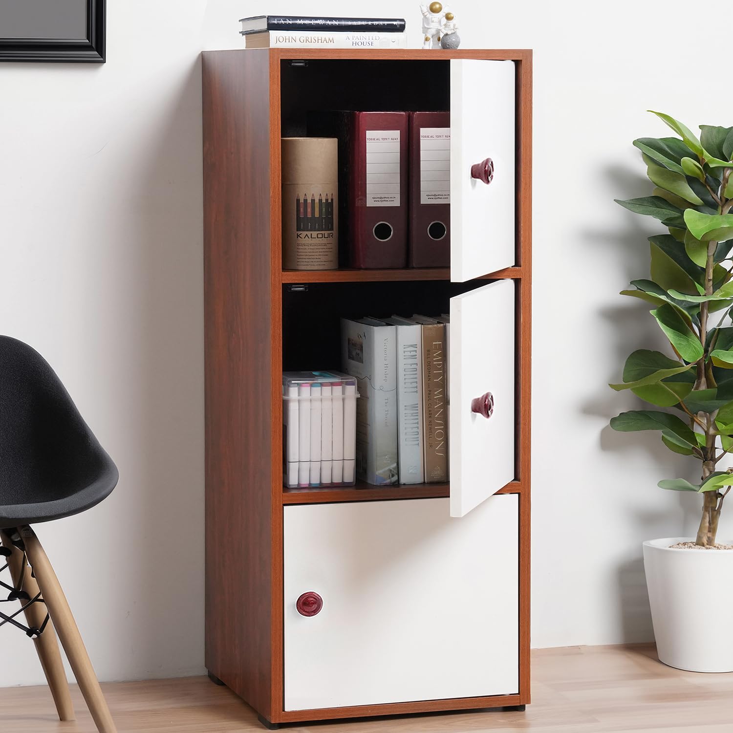 About Space Wooden Cabinet  3 Tier Engineered Wood Storage Cabinet For Living Room With Magnetic Door, Space Saving Furniture F