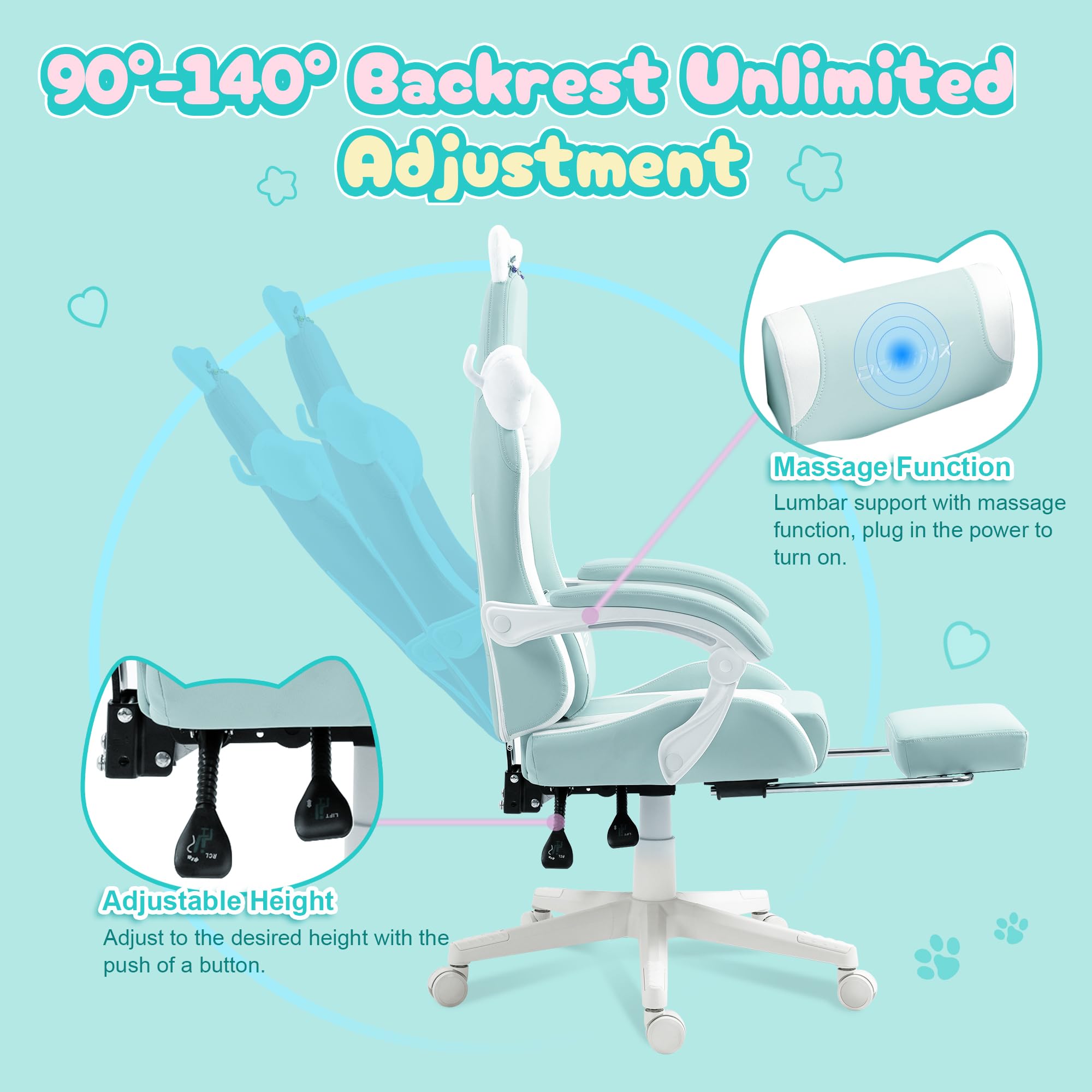 Dowinx Gaming Chair Cute With Cat Ears And Massage Lumbar Support, Ergonomic Computer Chair For Girl With Footrest And Headrest, Comfortable Reclining Game Chair 290Lbs For Adult, Teen, Blue Green