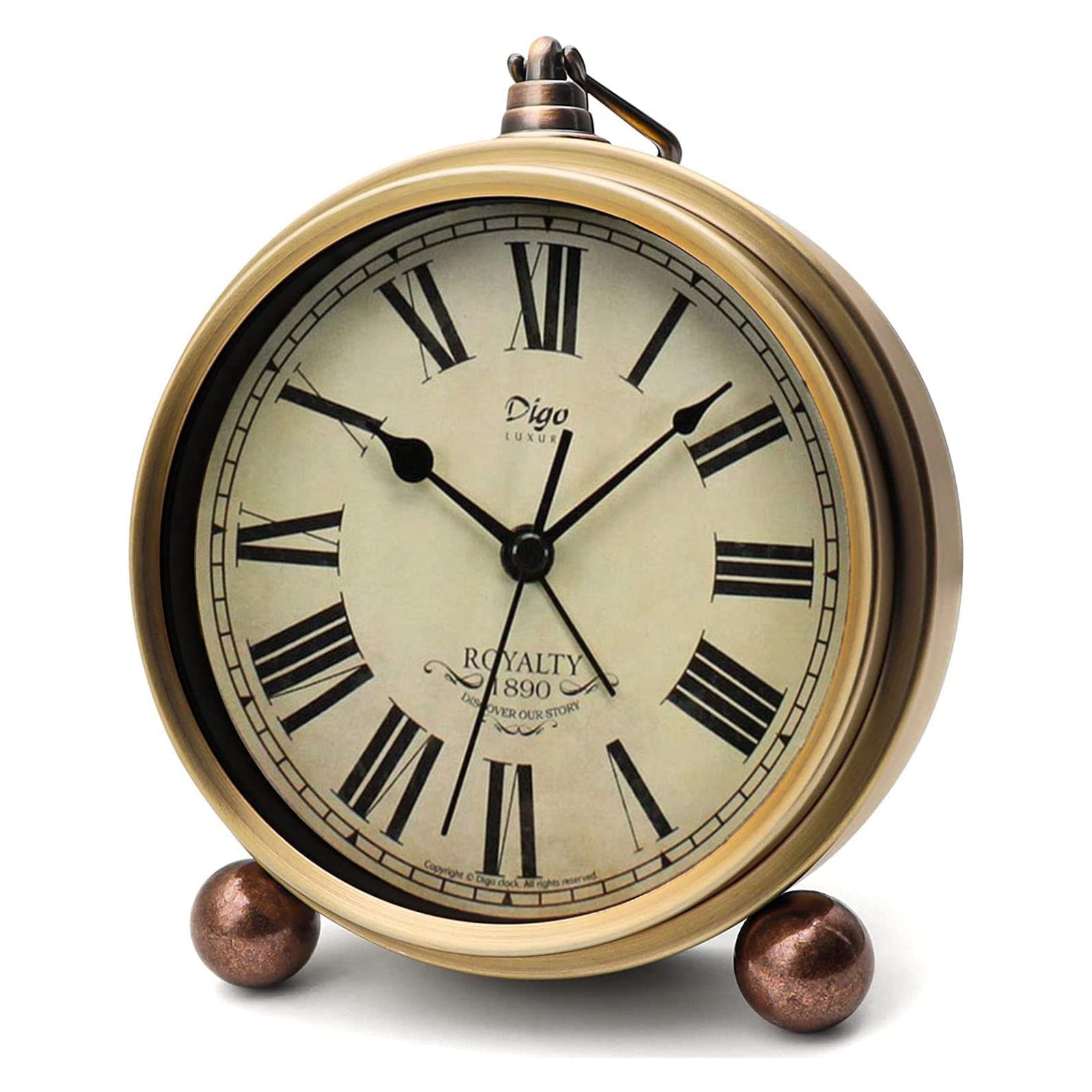 Maxspace Table Clock, Golden Metal Retro Non-Ticking Alarm Clock for Bedroom, Vintage Battery Operated Silent Quartz Movement HD