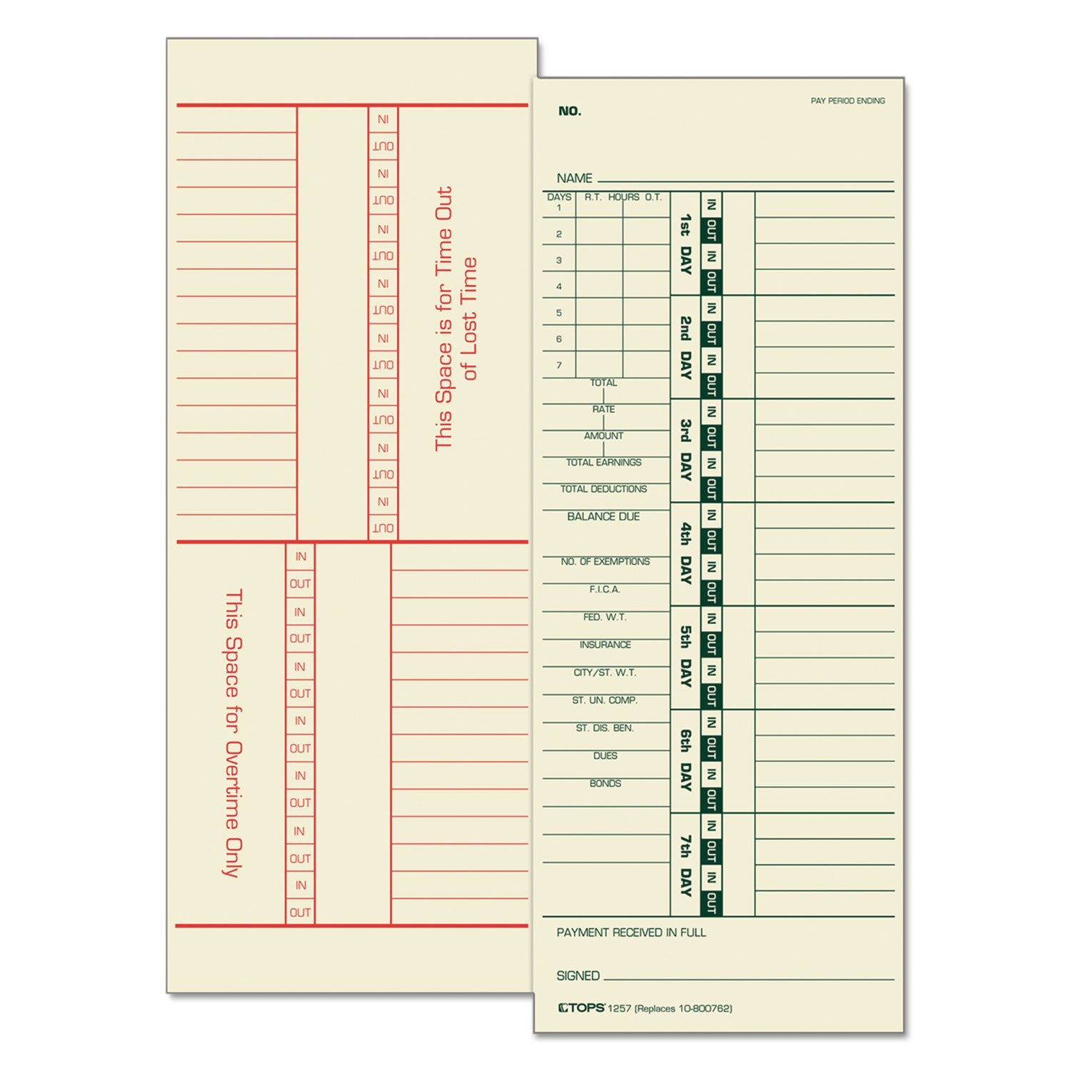 Tops 1257 Time Cards, Numbered Days, Pay Receipt, 3-1/2-Inch X9-Inch ,500/Bx