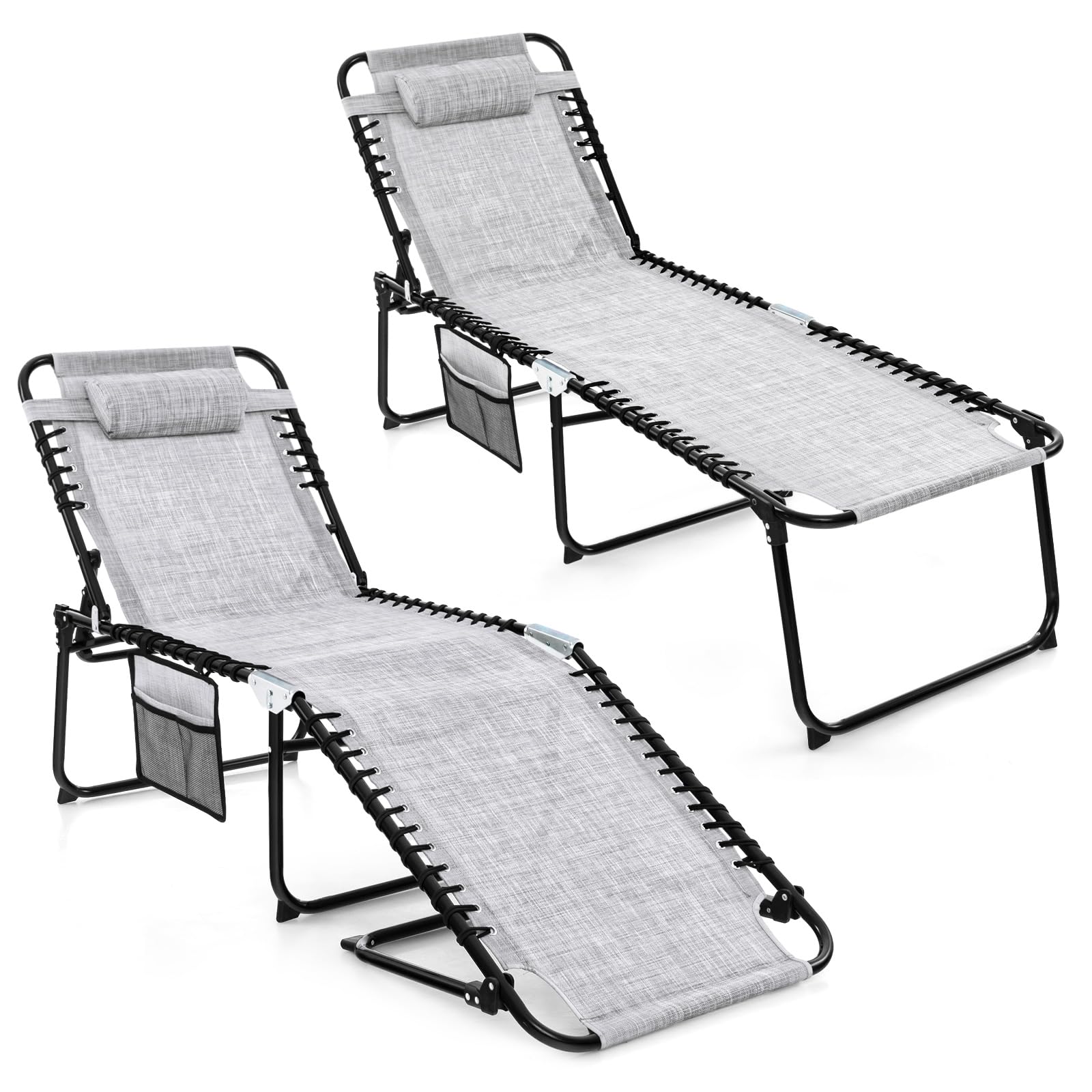 Gymax Lounge Chairs For Outside, Extra High Folding Beach Tanning Lounger With Adjustable Backrest, Footrest & Removable Pillow, Sunbathing Lounge For Patio, Poolside (2, Grey With Pocket)