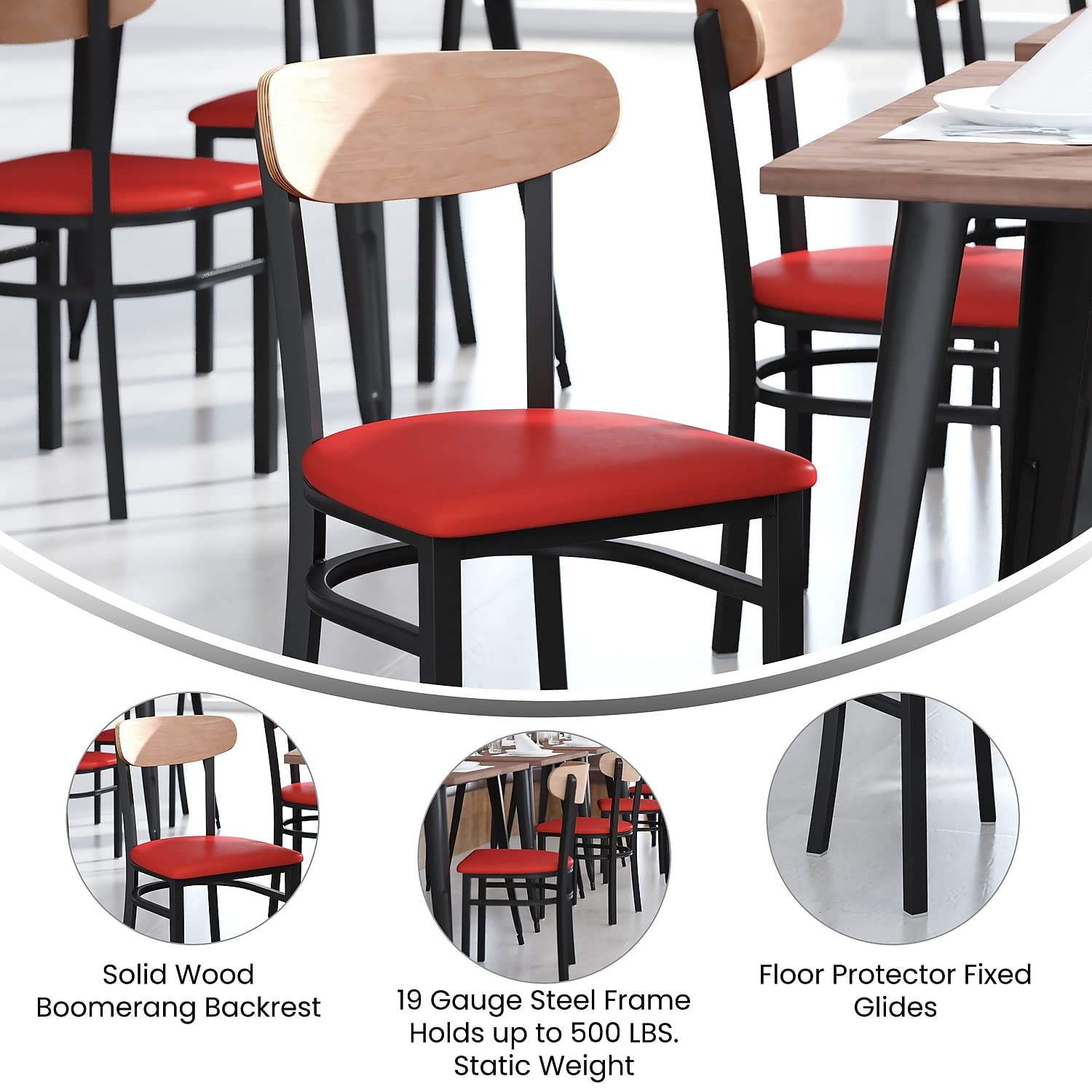 Flash Furniture Wright Commercial Dining Chair 522 LB. Capacity Black Steel Frame-Integrated Footrest, 1 Pack, Natural Birch Wood Back/Red Vinyl Seat