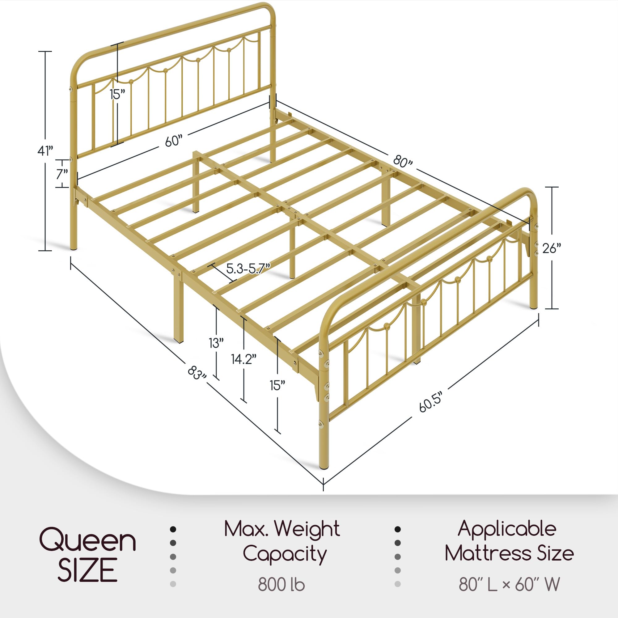 Yaheetech Queen Size Metal Bed Frames With Vintage Headboard And Footboard, Farmhouse Metal Platform Bed, Heavy Duty Steel Slat Support, Ample Under-Bed Storage, No Box Spring Needed, Antique Gold