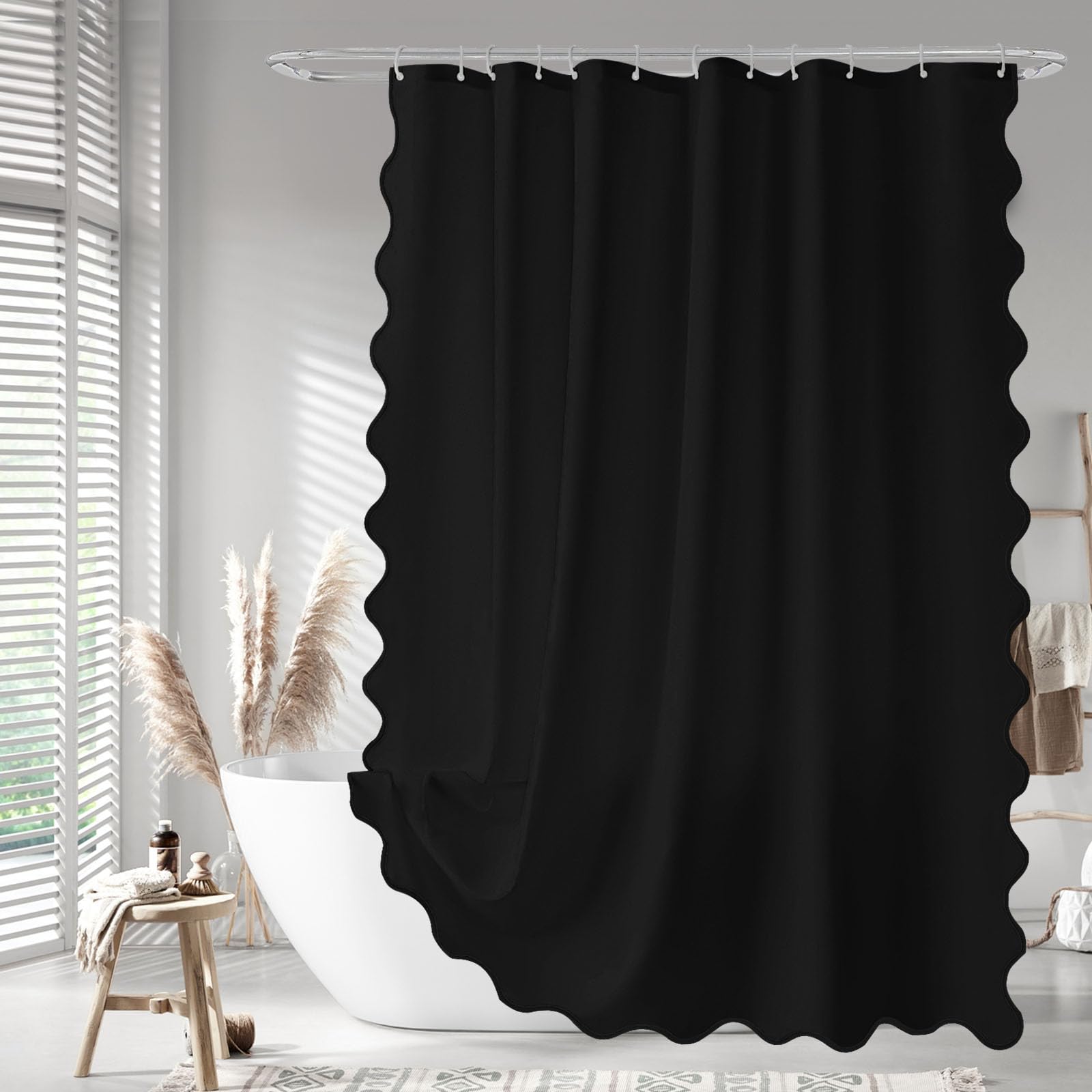 Seasonwood Black Scalloped Shower Curtain 72 X 72 Inches, Aesthetic Shower Curtain Elegant Pretty Shower Curtain Black