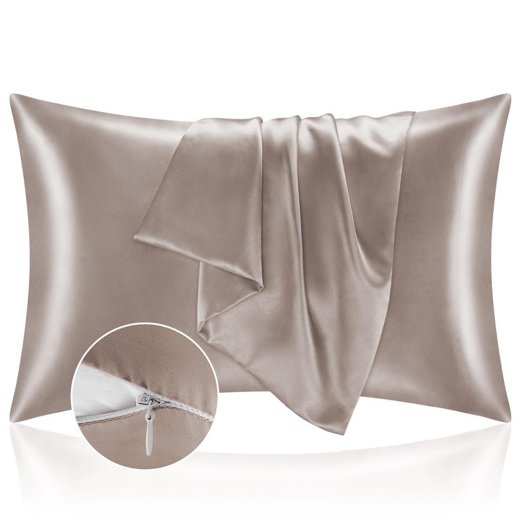 Bedelite Satin Pillowcase With Zipper, Rose Taupe Pillow Cases Queen Size Set Of 2, Super Soft And Cooling Similar To Silk Pillo
