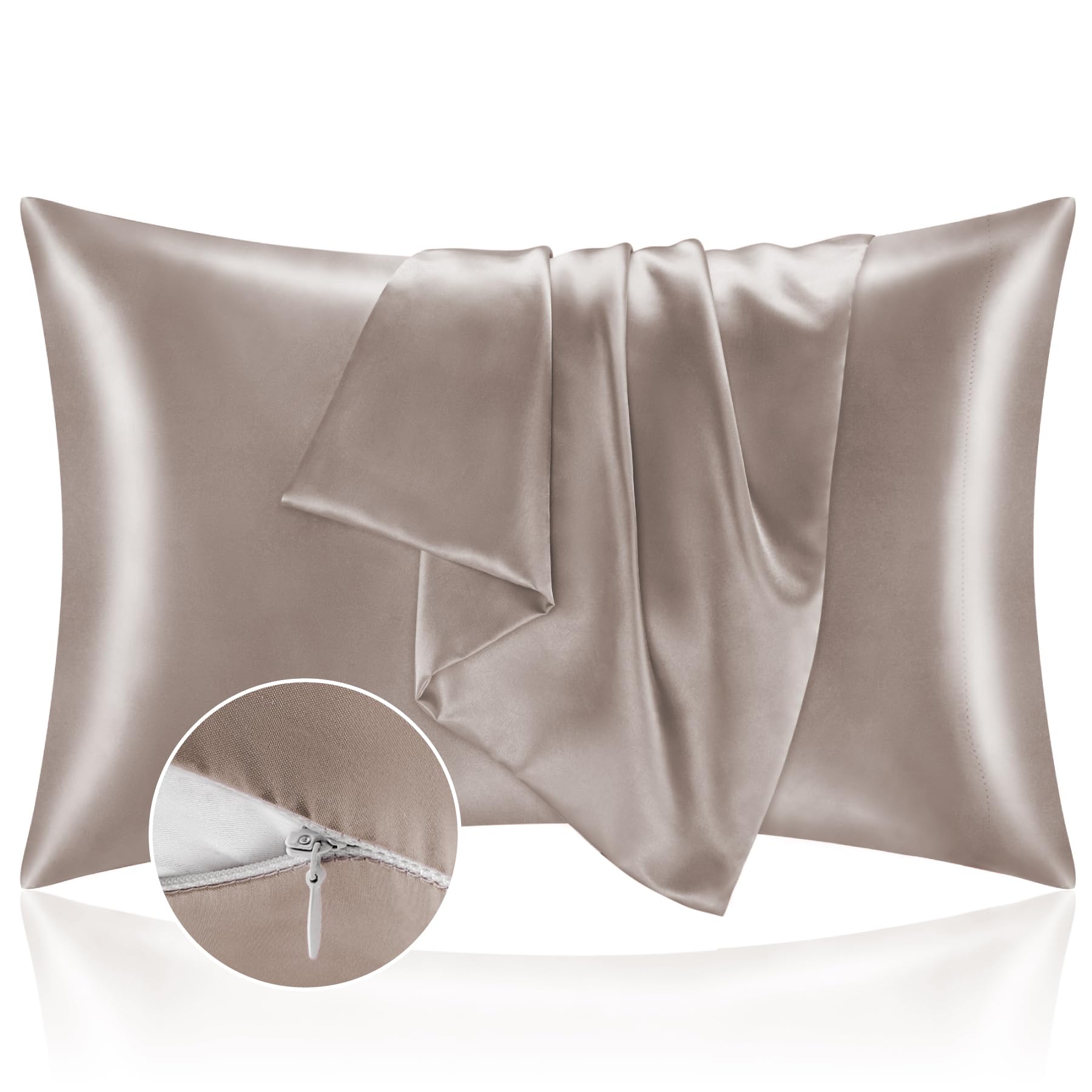 Bedelite Satin Pillowcase With Zipper, Rose Taupe Pillow Cases Queen Size Set Of 2, Super Soft And Cooling Similar To Silk Pillo