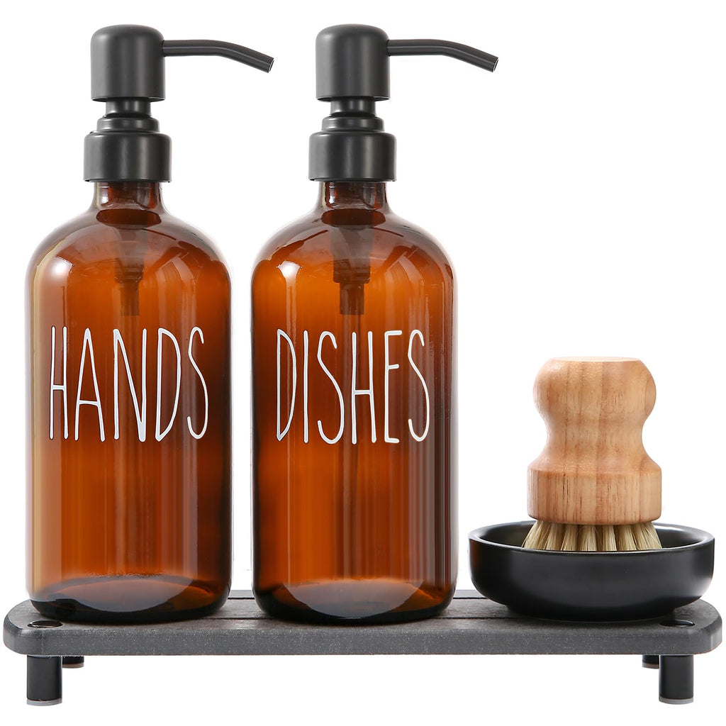 MOMEEMO Amber Glass Soap Dispenser Set Comes with Stainless Steel Pumps, Instant Dry Tray, and Dish Scrub Brush, Suitable for So