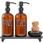 MOMEEMO Amber Glass Soap Dispenser Set Comes with Stainless Steel Pumps, Instant Dry Tray, and Dish Scrub Brush, Suitable for So