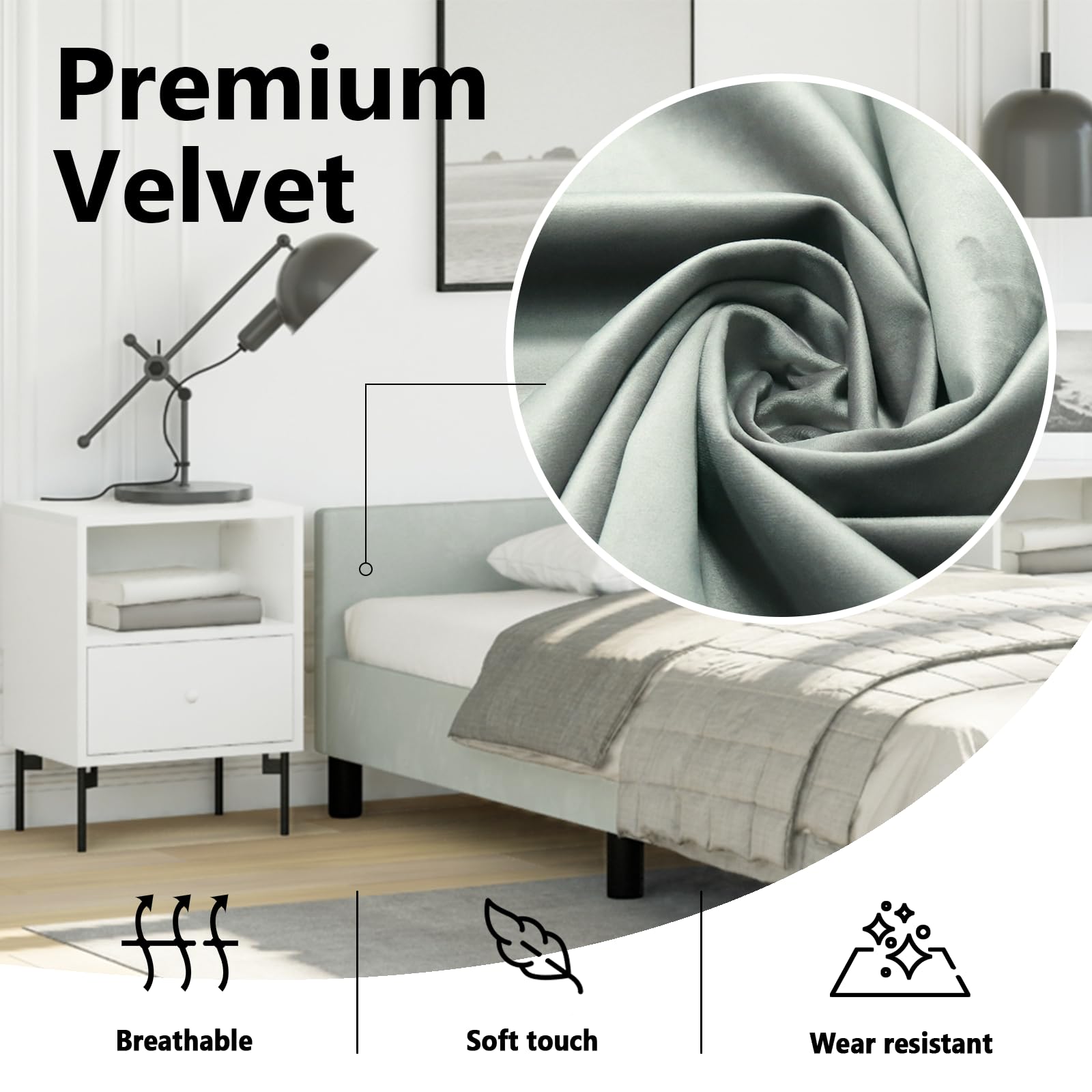 vidaXL Velvet Bed Frame Platform Bed, Scandinavian Style/Slats Support/No Box Spring Needed/Without Mattress/Easy Assembly, Light Grey Twin Bed