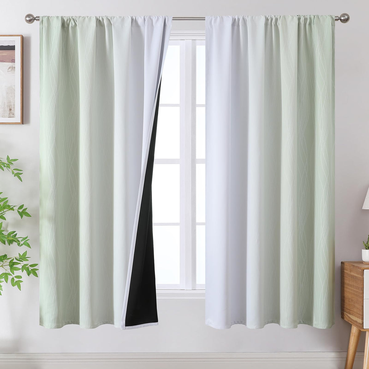 Estelar Textiler Sage Green And Greyish White Ombre Blackout Curtains For Bedroom, Thermal Insulated Rod Pocket Drapes For Livin