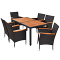 Dortala 7-Piece Patio Dining Set, Pe Rattan & Acacia Wood Conversation Set For 6 With Cushions, Chairs & Umbrella Hole Table, Outdoor Table & Chair Set For Garden Backyard Poolside