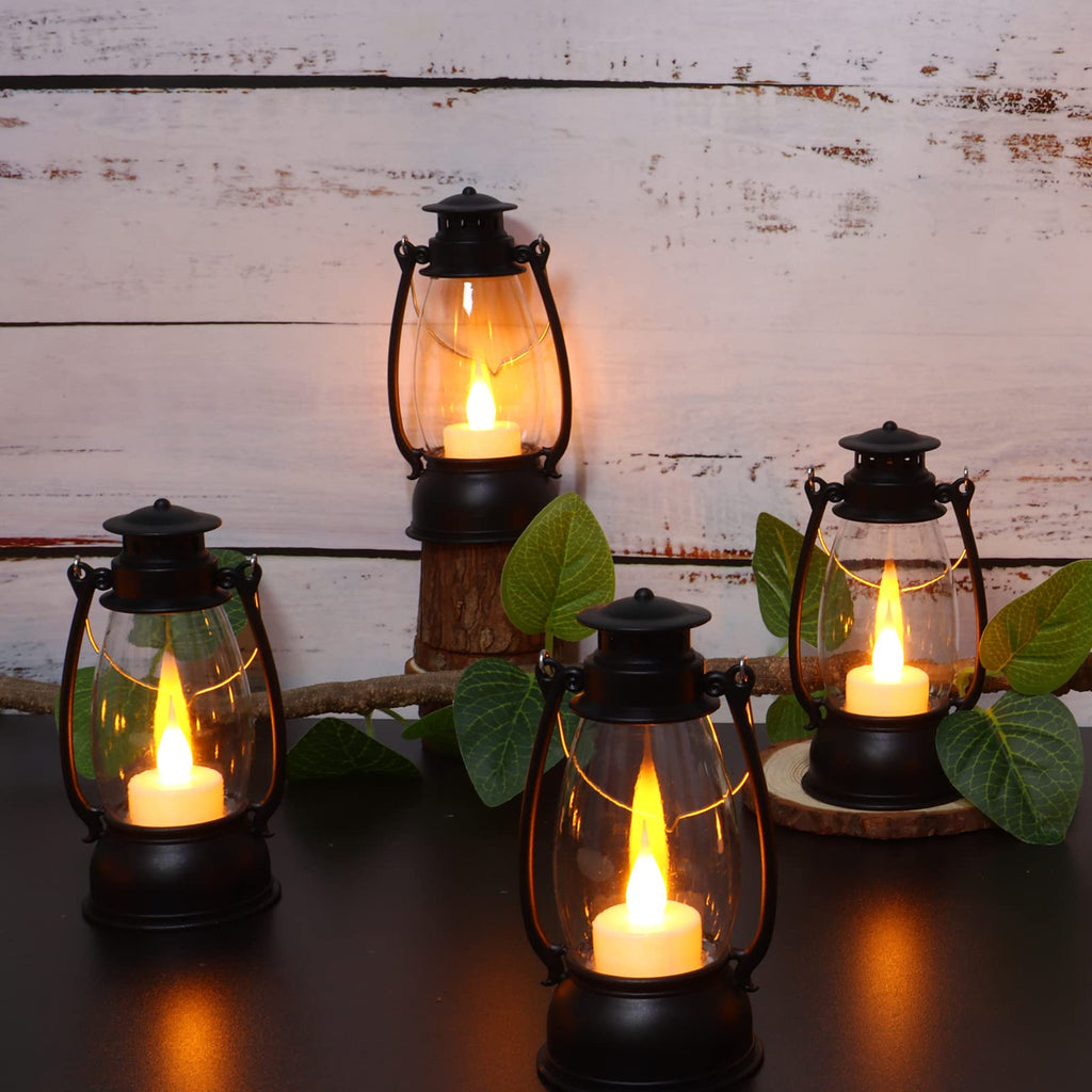 Reperla 12Pcs Mini Lantern With Flickering Led Candle, Black 6' Hanging Candle Lantern, Table Centerpiece, Vintage Lantern Deco