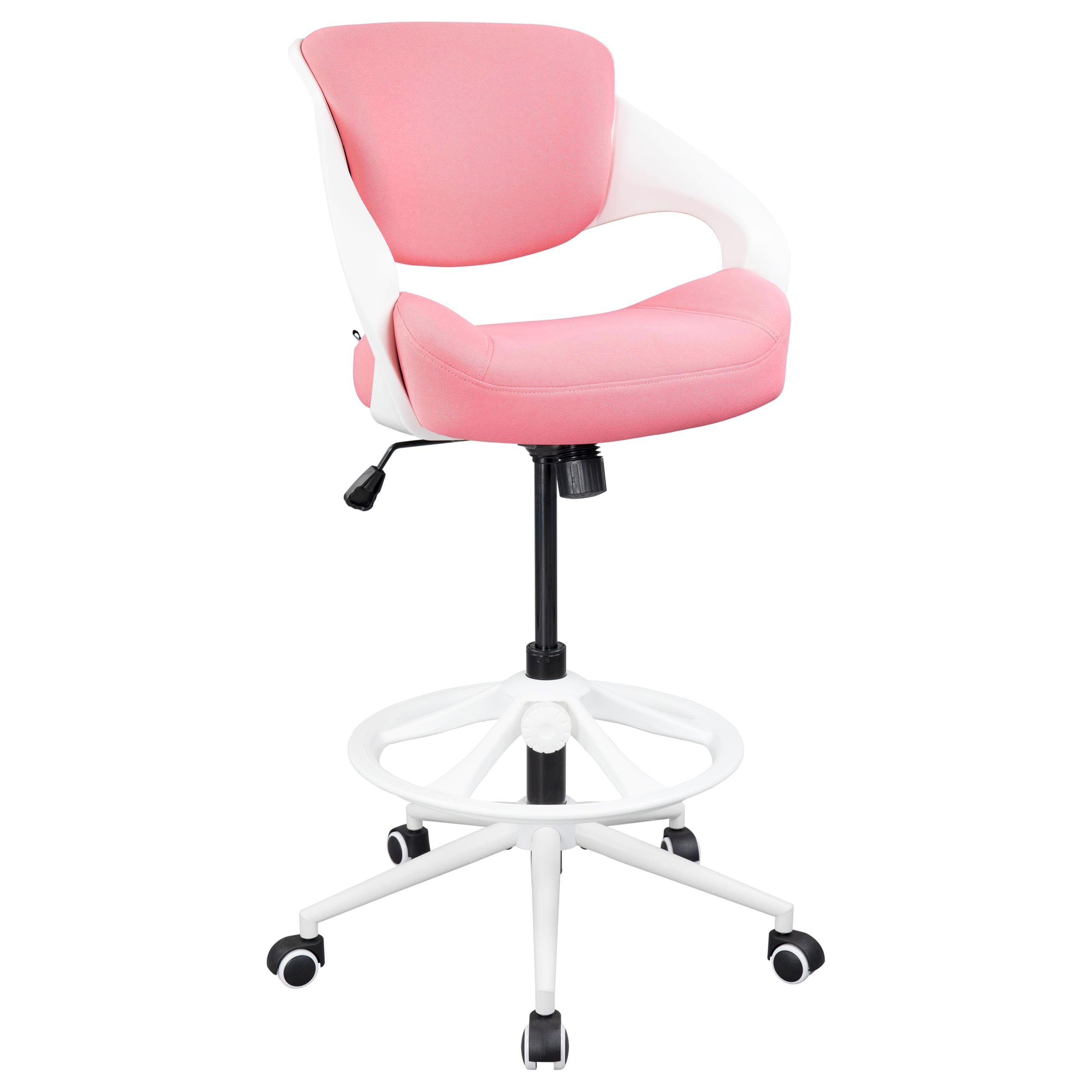 Bojuzija Ergonomic Drafting Chair,Standing Computer Desk Chair,Foot Ring,Lumbar Support,Swivel Task Chair-Pink