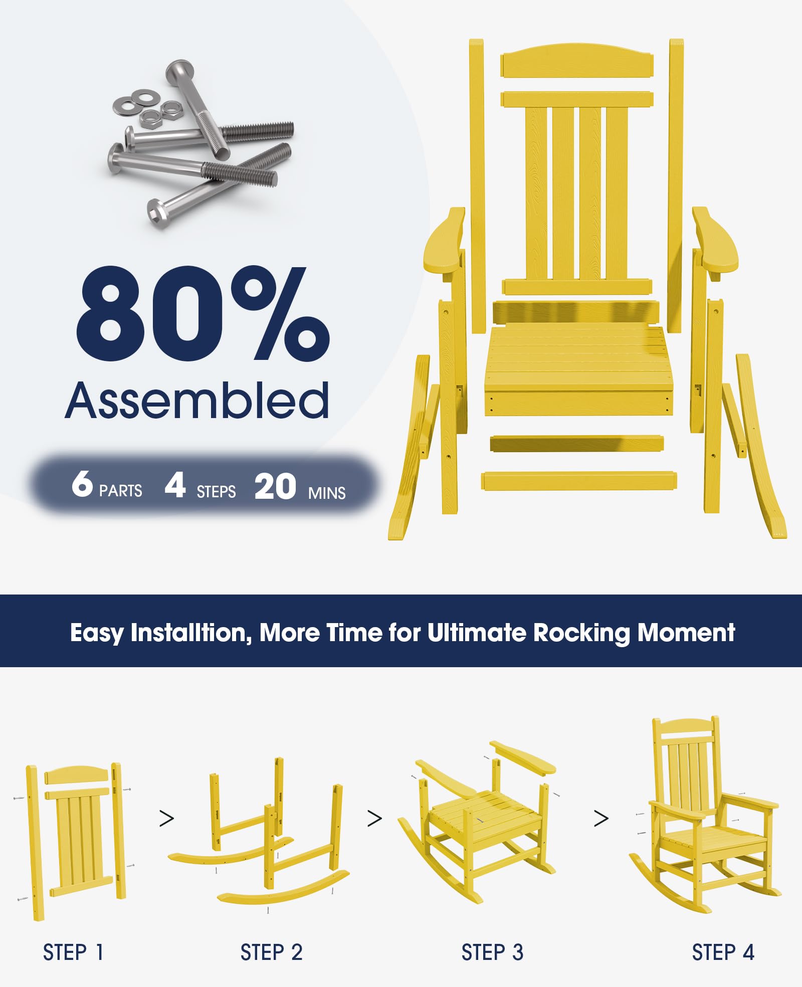 Kingyes Hdpe Rocking Chairs Outdoor, Patio Rocking Chairs With 330Lbs Support, Smooth Porch Rocker For Deck Lawn Yard, Yellow