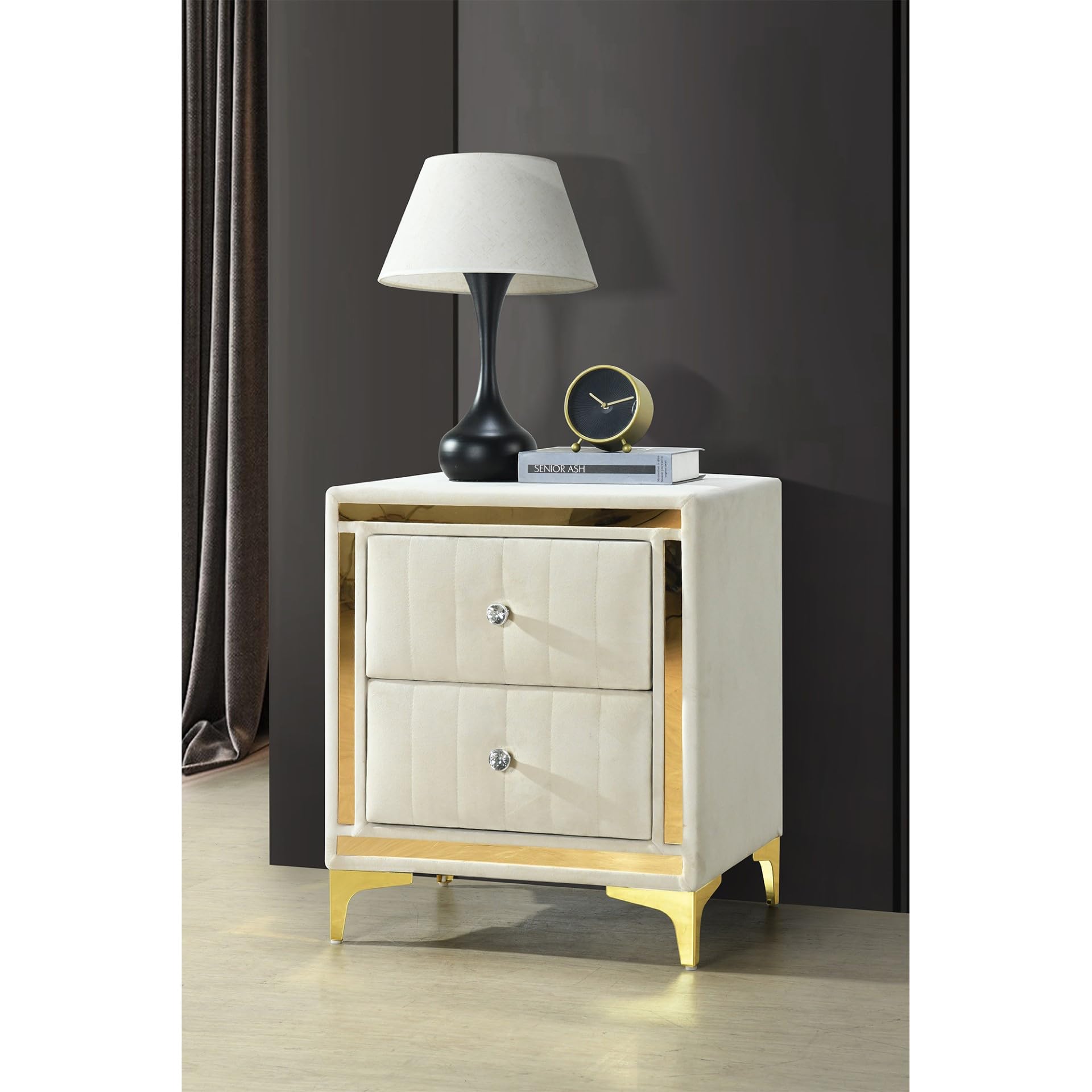 Monique Velvet Nightstand with Gold Legs and Gold Trim, Crystal knobs - Fully Assembled (Cream)