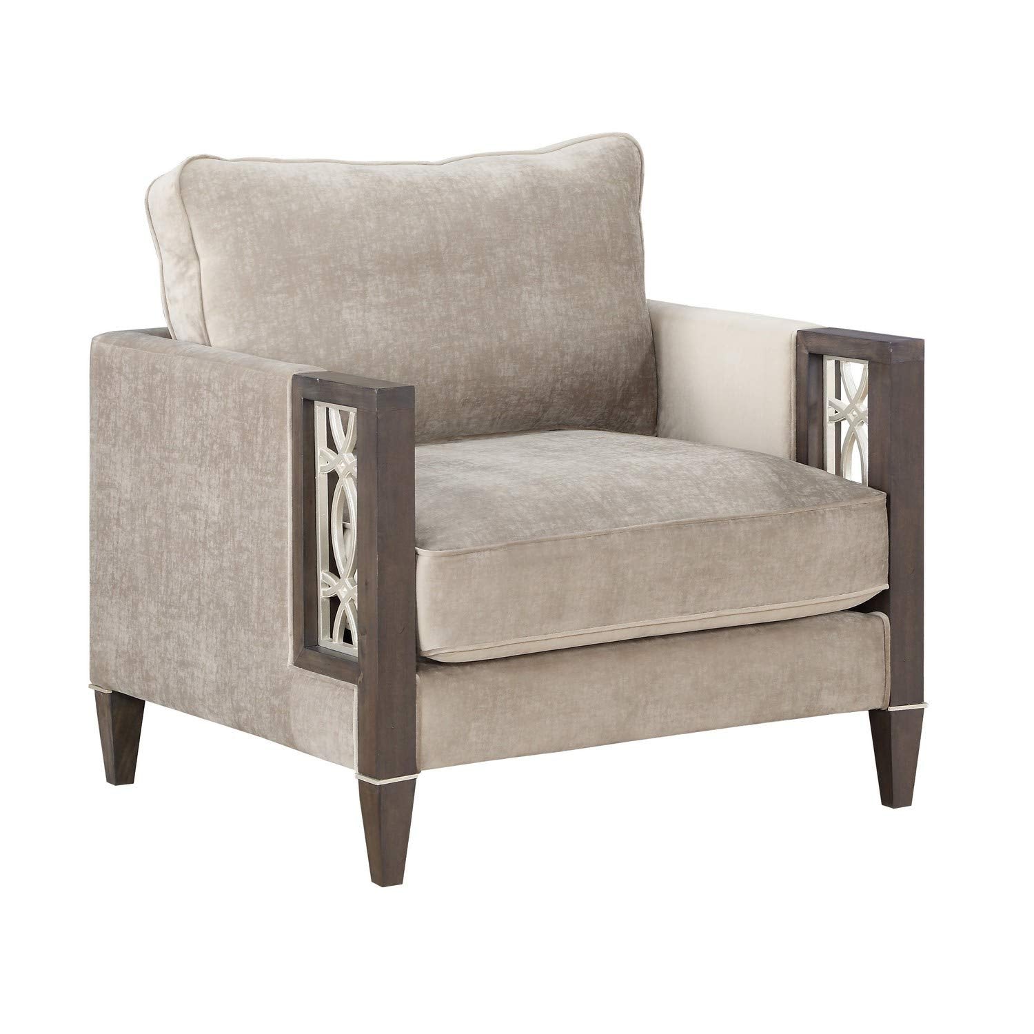 Benjara Wood and Fabric Sofa Chair with Inset Floral Design, Gray and Brown