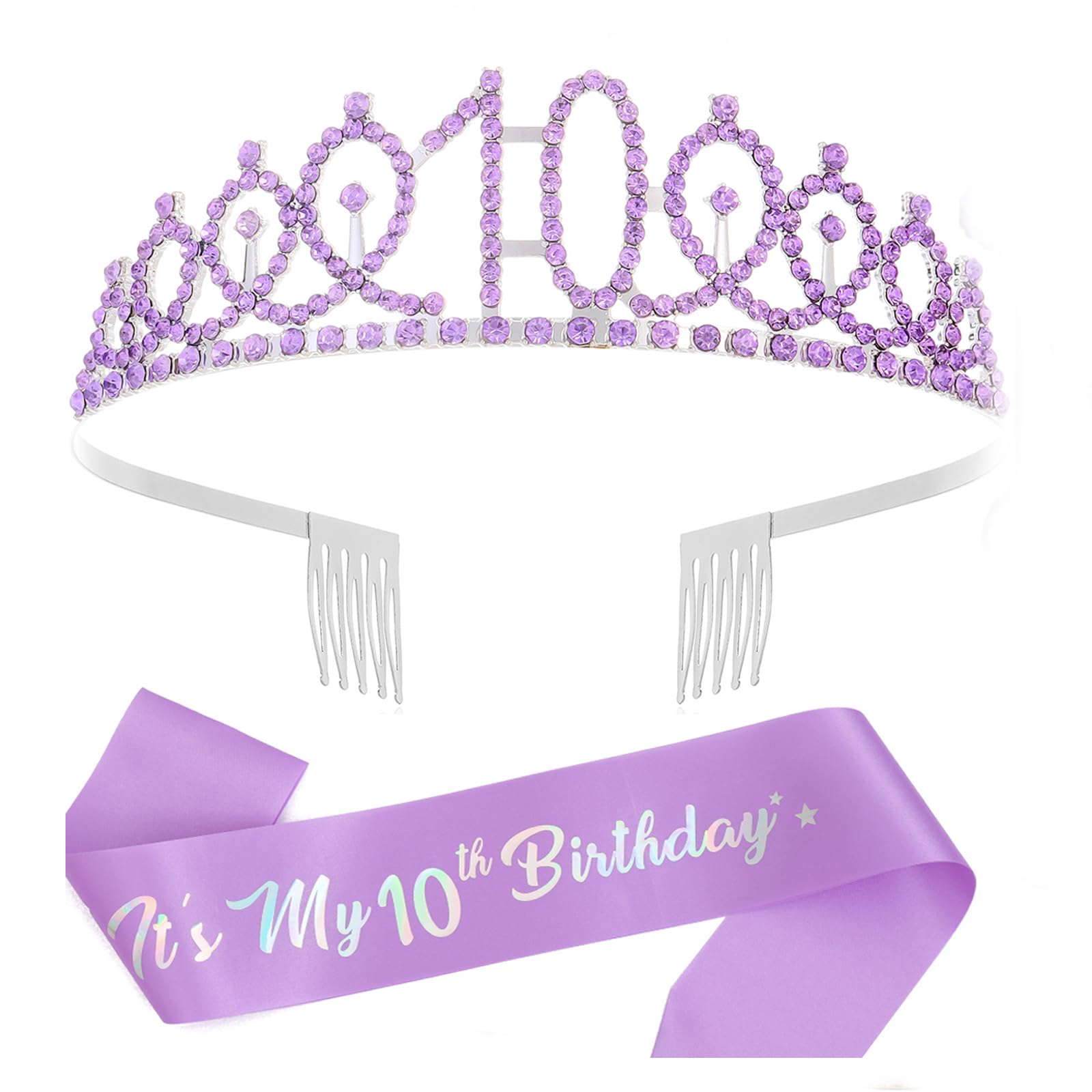 10th Birthday Decorations for Girls,Purple Headband & Glitter Sash Set for 10 Year Old Girl Birthday Decoration(Purple)
