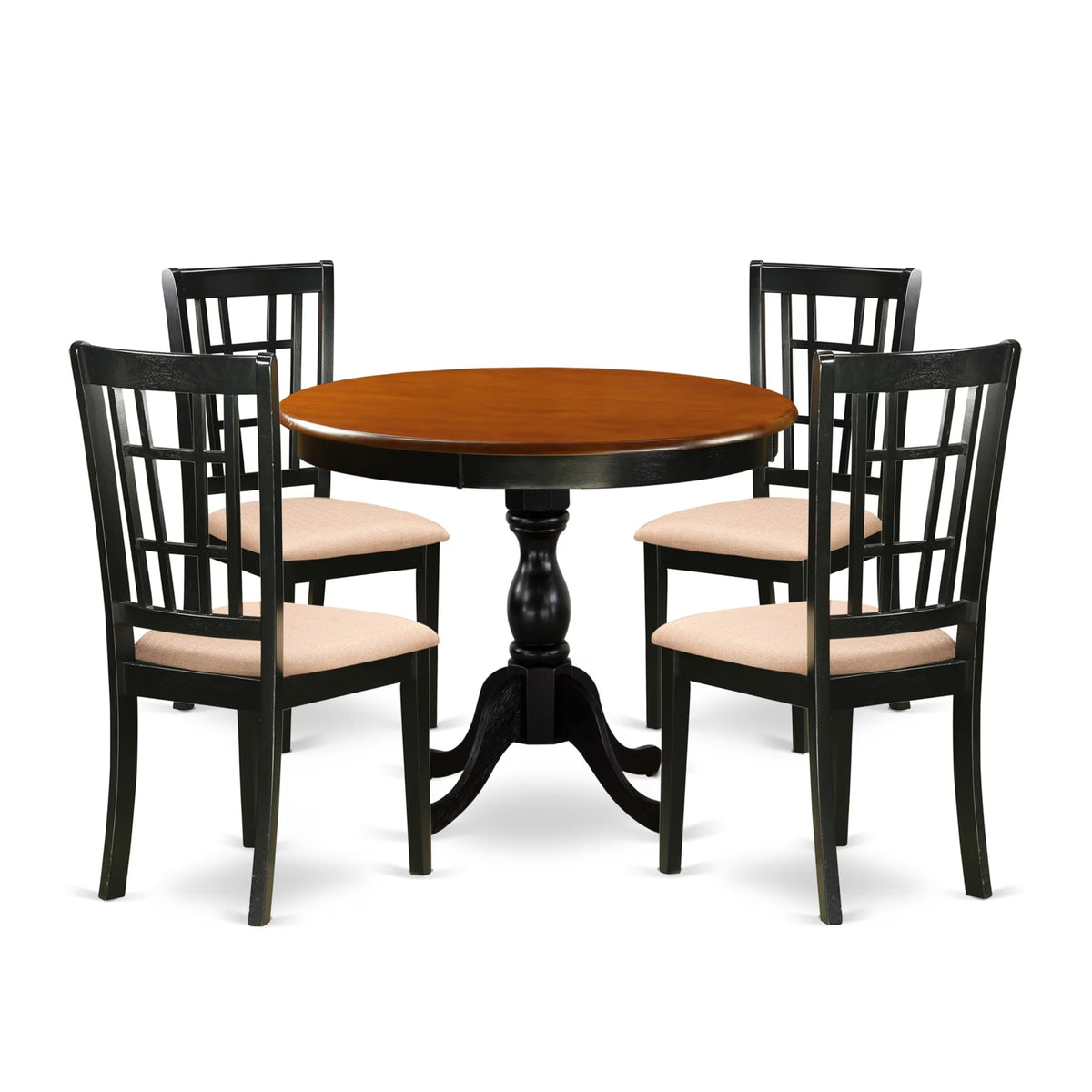 East West Furniture AMNI5-BCH-C 5 Piece Dining Set Includes a Round Kitchen Table with Pedestal and 4 Linen Fabric Upholstered Dining Chairs, 36x36 Inch, Black & Cherry