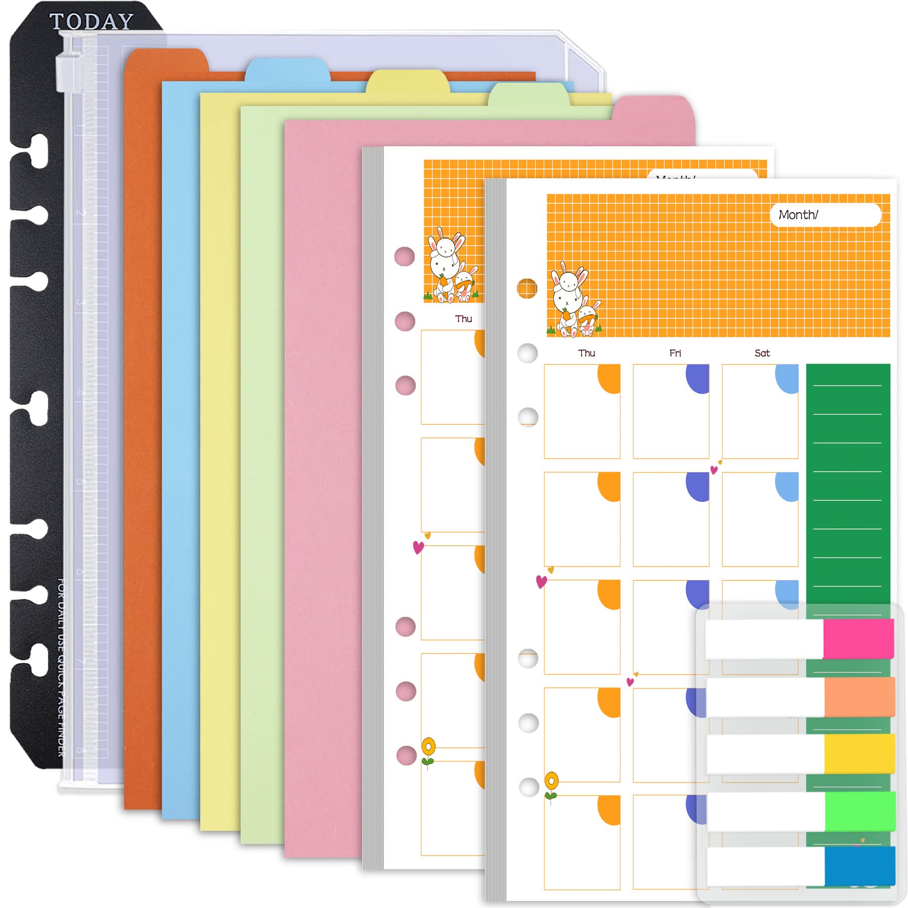 Rancco A6 Monthly Planner Inserts - 90 Pages, Colorful 6-Ring Binder, Undated, PVC Pouch, Ruler, Index Tab, Model OFFBRNRP-A6MP