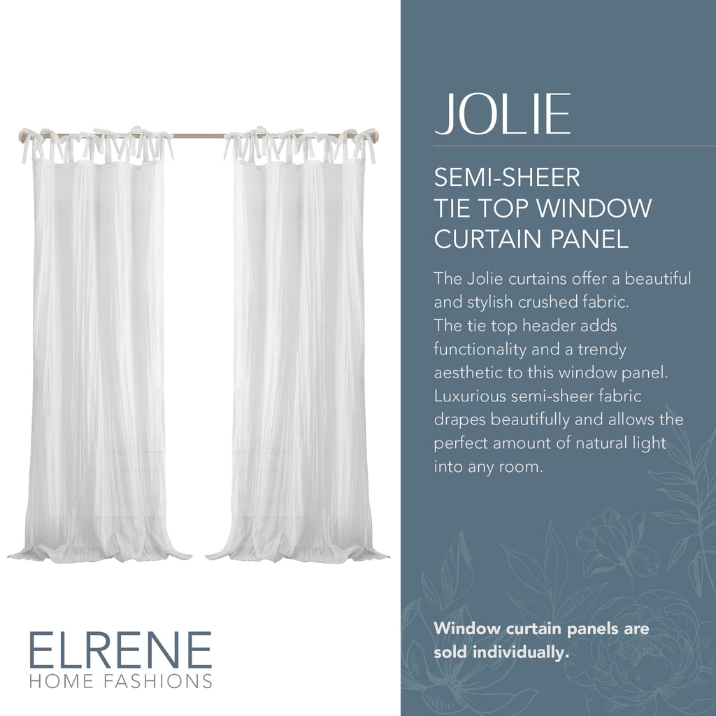 Elrene Home Fashions Jolie Crushed Semi-Sheer Window Curtain, Adjustable Tie-Top Single Panel, 52'' X 95'' (1 Panel), White