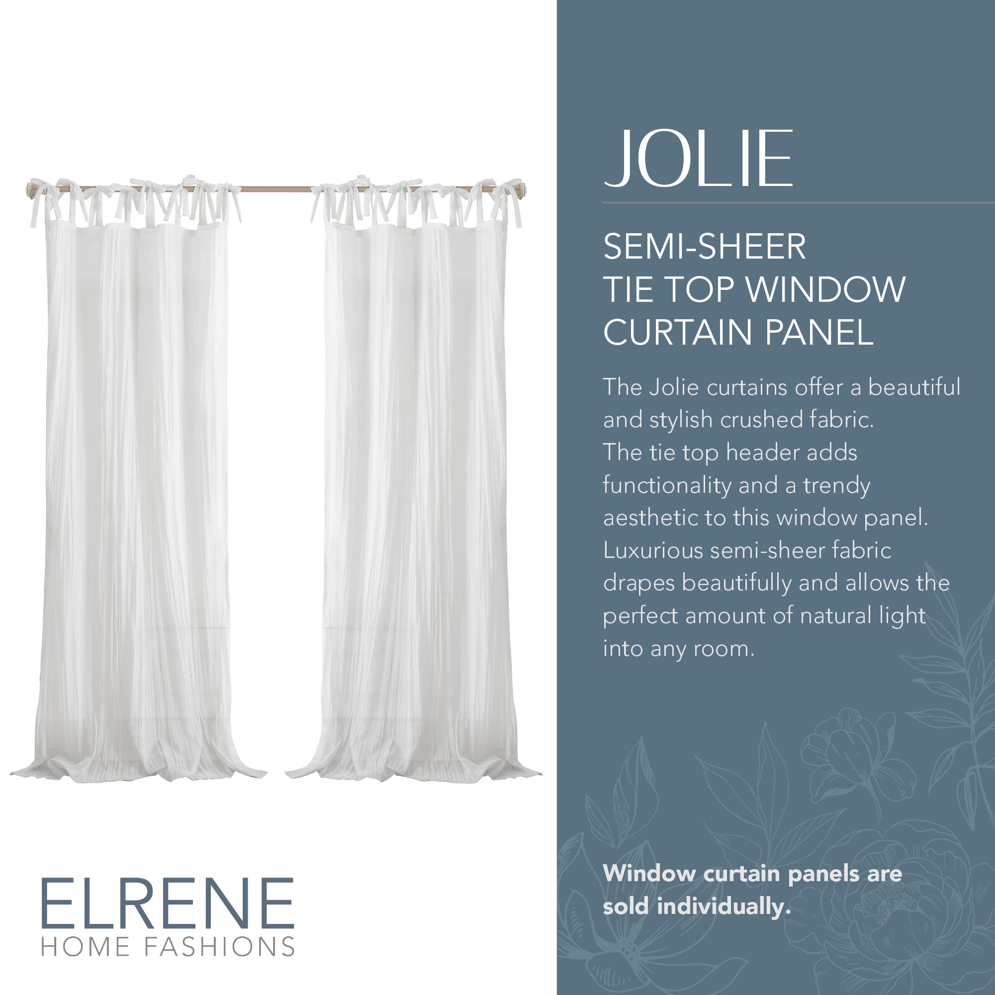 Elrene Home Fashions Jolie Crushed Semi-Sheer Window Curtain, Adjustable Tie-Top Single Panel, 52'' X 95'' (1 Panel), White