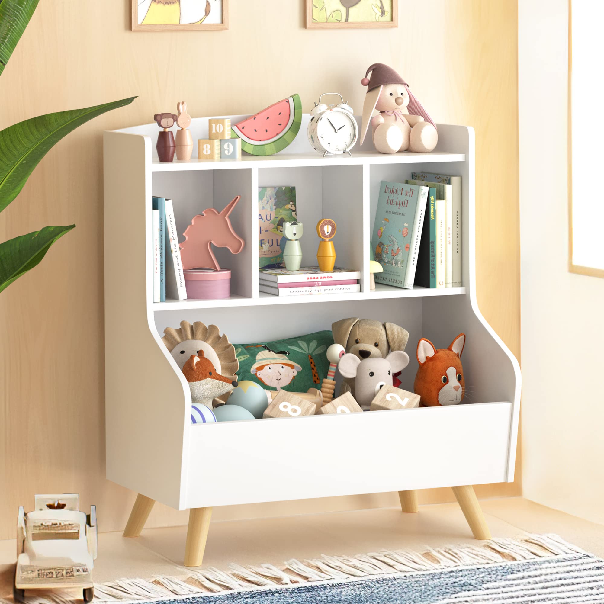 Curipeer Kids Bookshelf and Toy Storage, 3-Tier Wooden Open Bookcase, Baby Book and Toy Storage Display Organizer with Spacious 