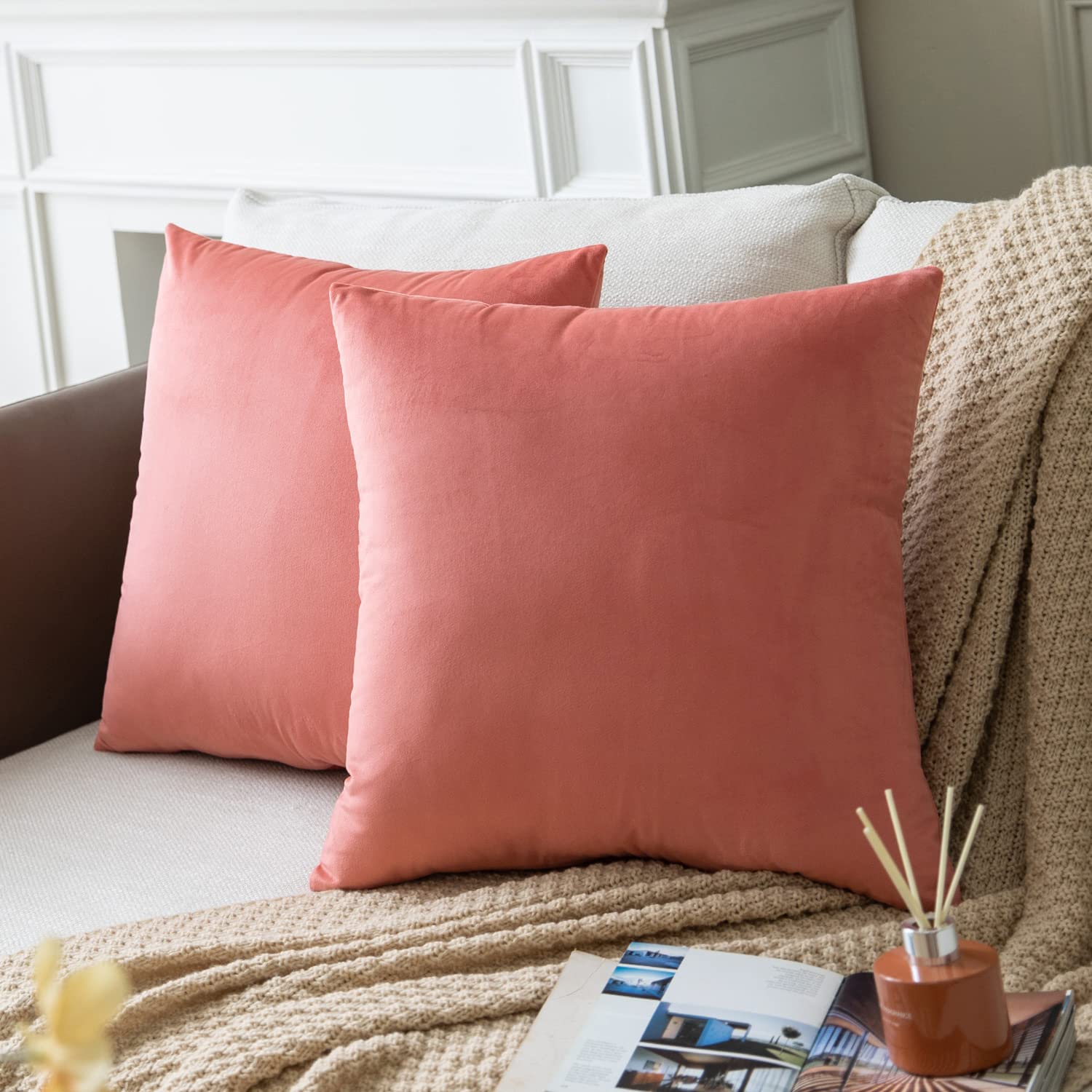 Colormz Set Of 2 Salmon Pink Colored Solid Velvet Throw Pillow Covers, Cozy Soft Accent Pillow Cases For Sofa Couch Bed And Livi