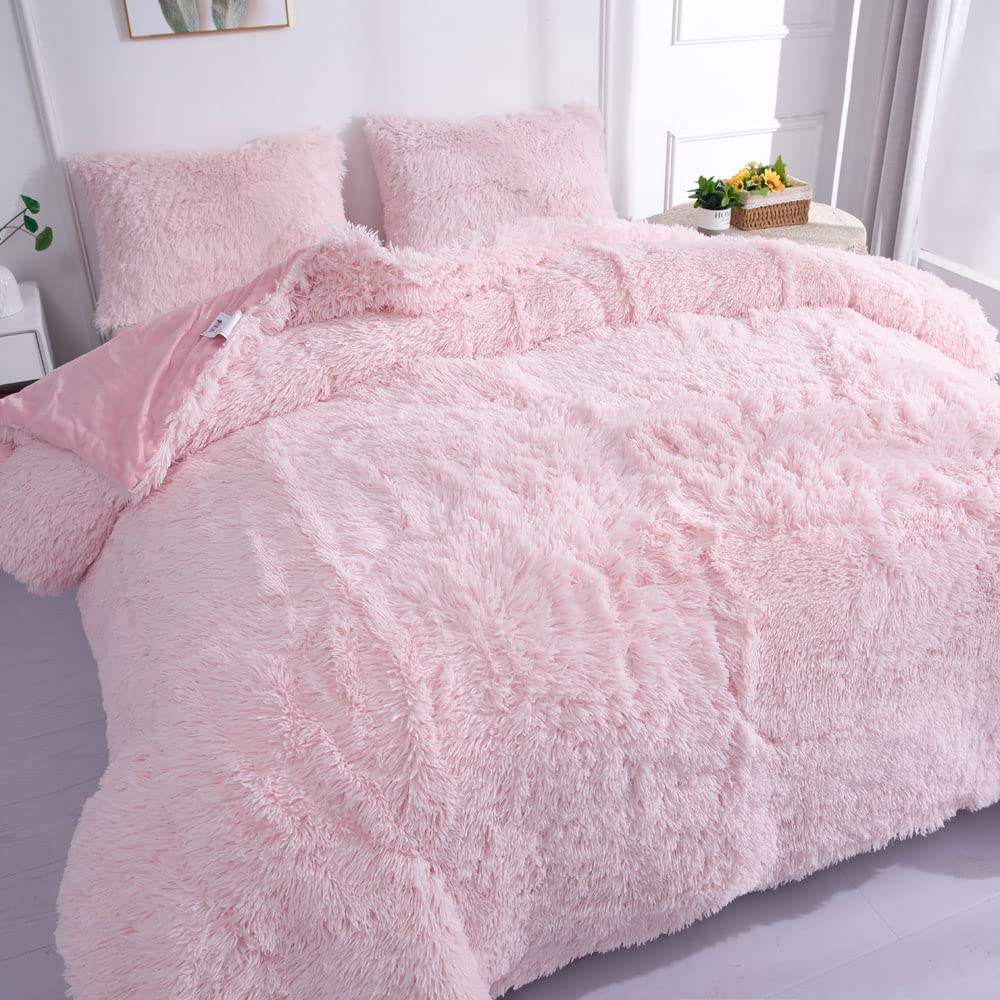 Chovy Faux Fur Plush Light Pink Comforter Sets Twin/Full Size - Ultra Soft Shaggy Flannel Velvet Fluffy Fuzzy 3Pc Bedding Set (C