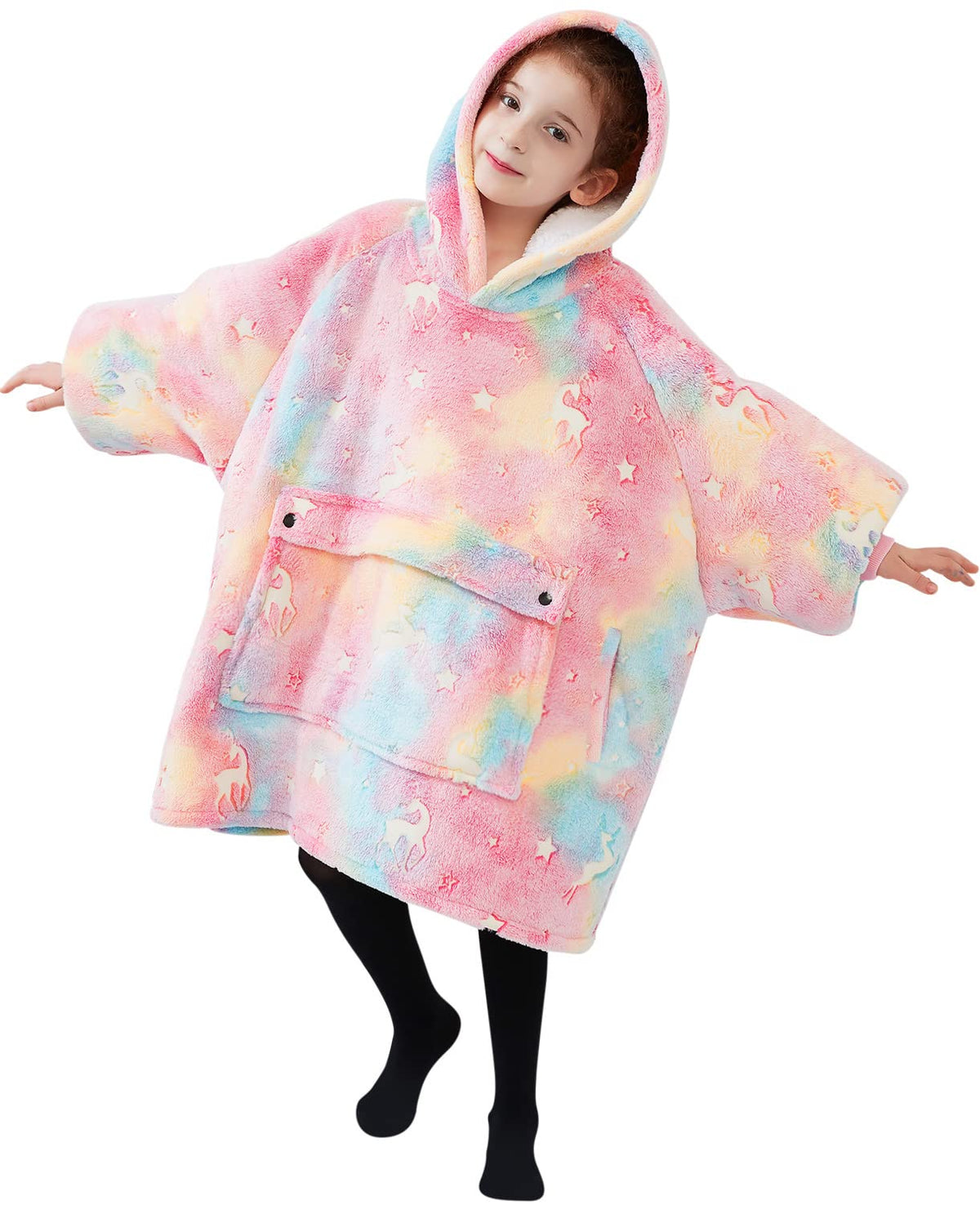Glow In The Dark Wearable Blanket Hoodie For Kids Sherpa Patterns Oversized Sweatshirt Blanket With Pocket 6-10 Year Old Girl Bi