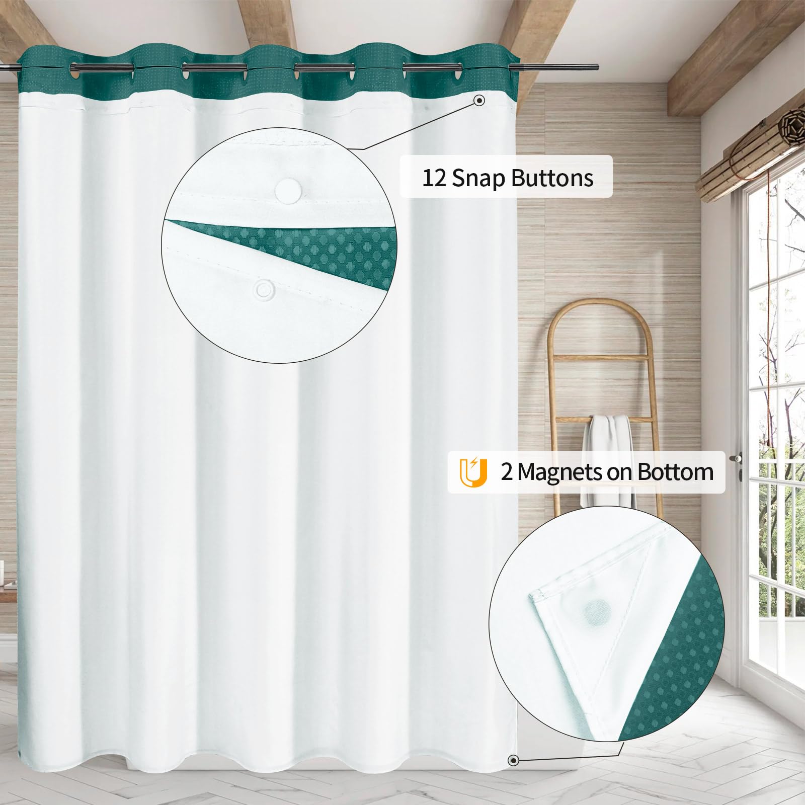 Mitovilla No Hooks Needed Dark Green Waffle Shower Curtain With Snap-In Liner, Modern Waffle Weave Fabric Cloth Shower Curtain F