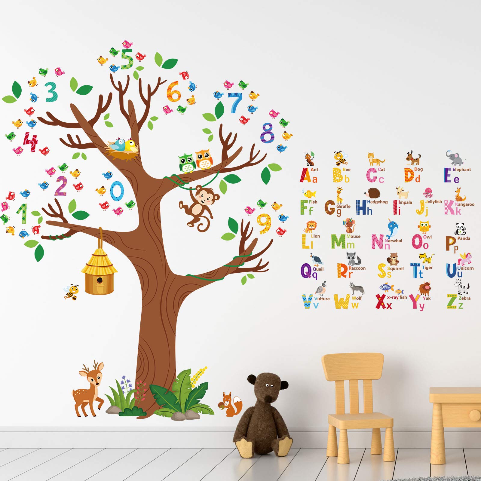Zonon 3 Sheets Animal Alphabet and Numbers Tree Stickers Learning ABC Letters Birds Numbers Peel and Stick Wall Decals for Kids 