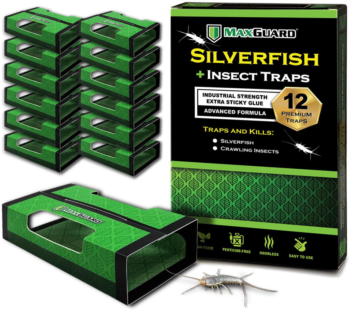 Maxguard Silverfish + Insect Traps (12 Pcs Box Trap) | Non-Toxic Extra Sticky Glue Traps, Kill All Silverfish, Centipedes, And O