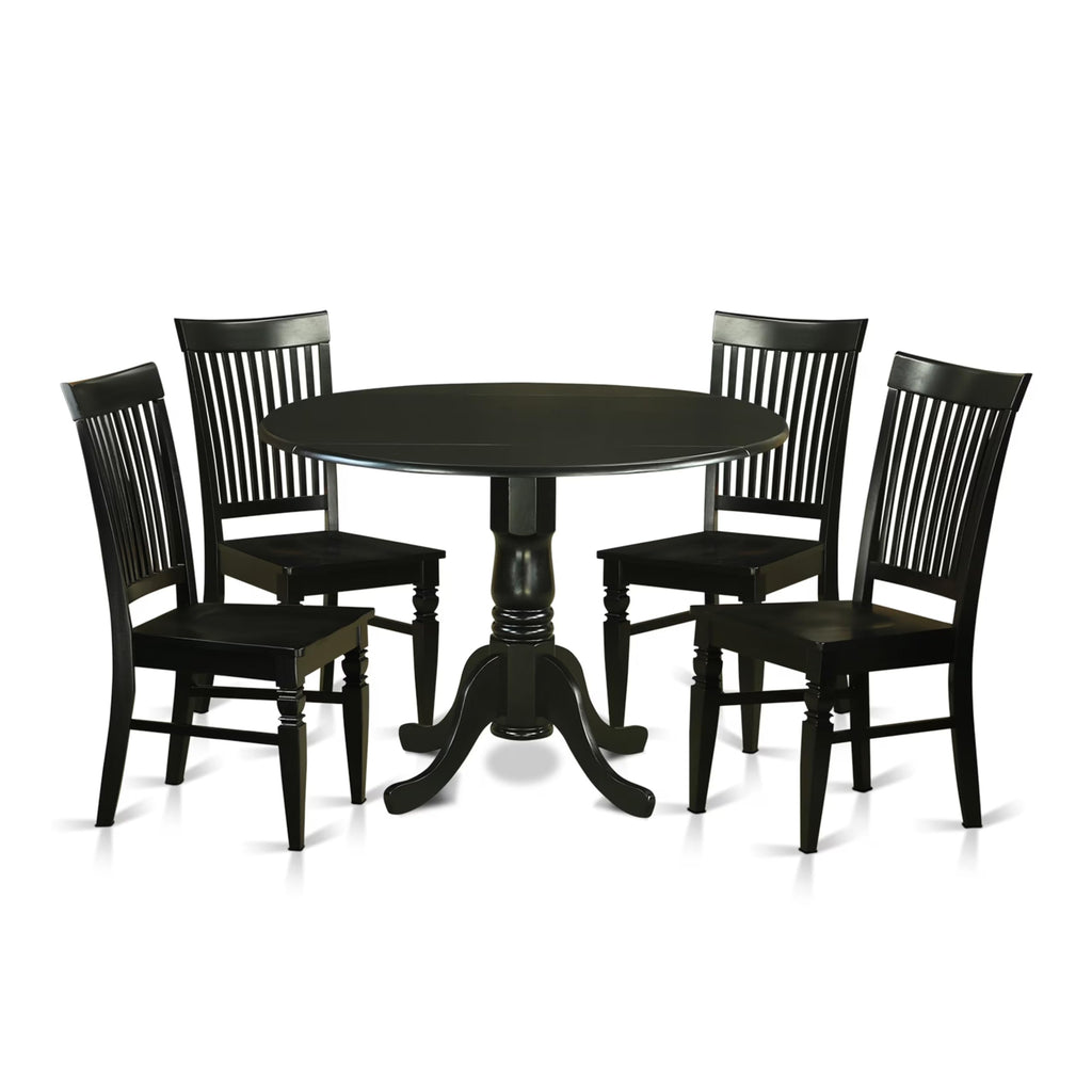 East West Furniture DLWE5-BLK-W 5 Piece Dinette Set for 4 Includes a Round Dining Table with Dropleaf and 4 Dining Room Chairs, 42x42 Inch, Black