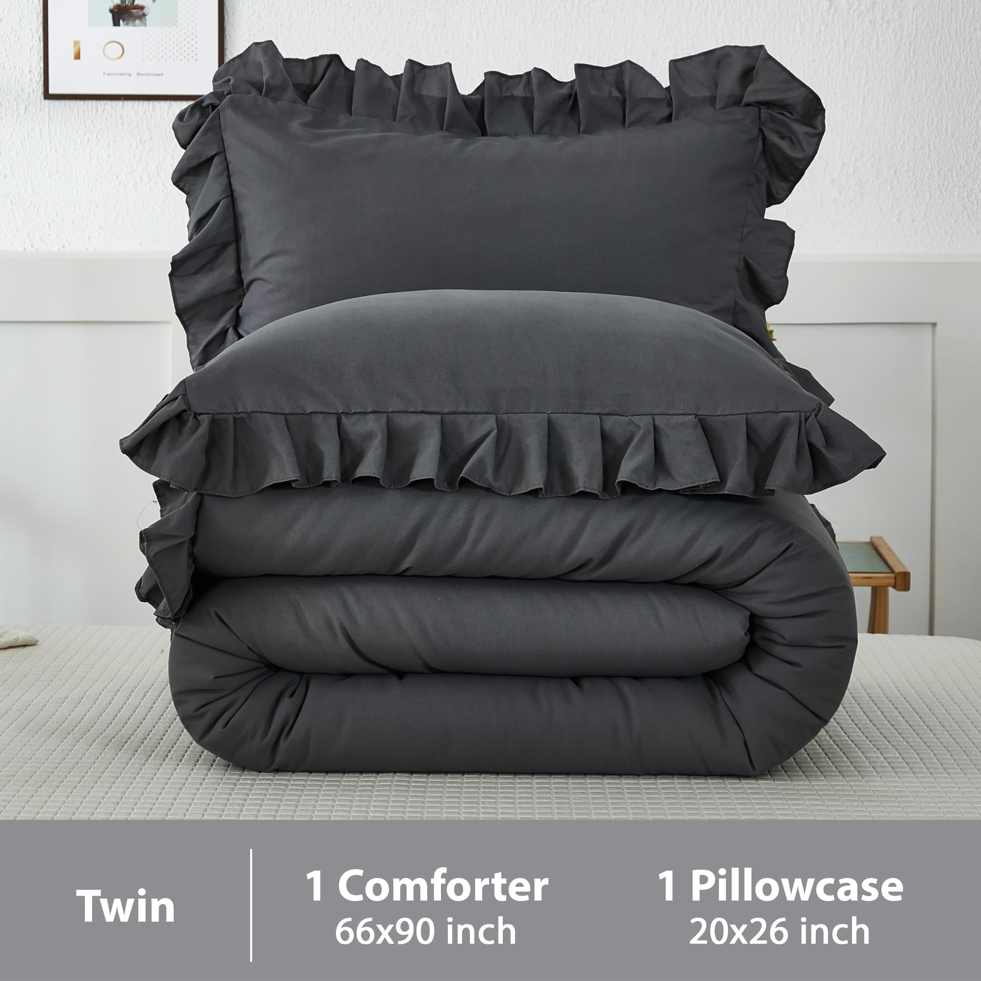 Andency Dark Gray Twin Size Comforter, 2 Pieces Kids All Season Ruffle Bed Comforter Set, Boho Lightweight Solid Farmhouse Shabby Chic Bedding Comforters & Sets (66X90Inch Comforter)