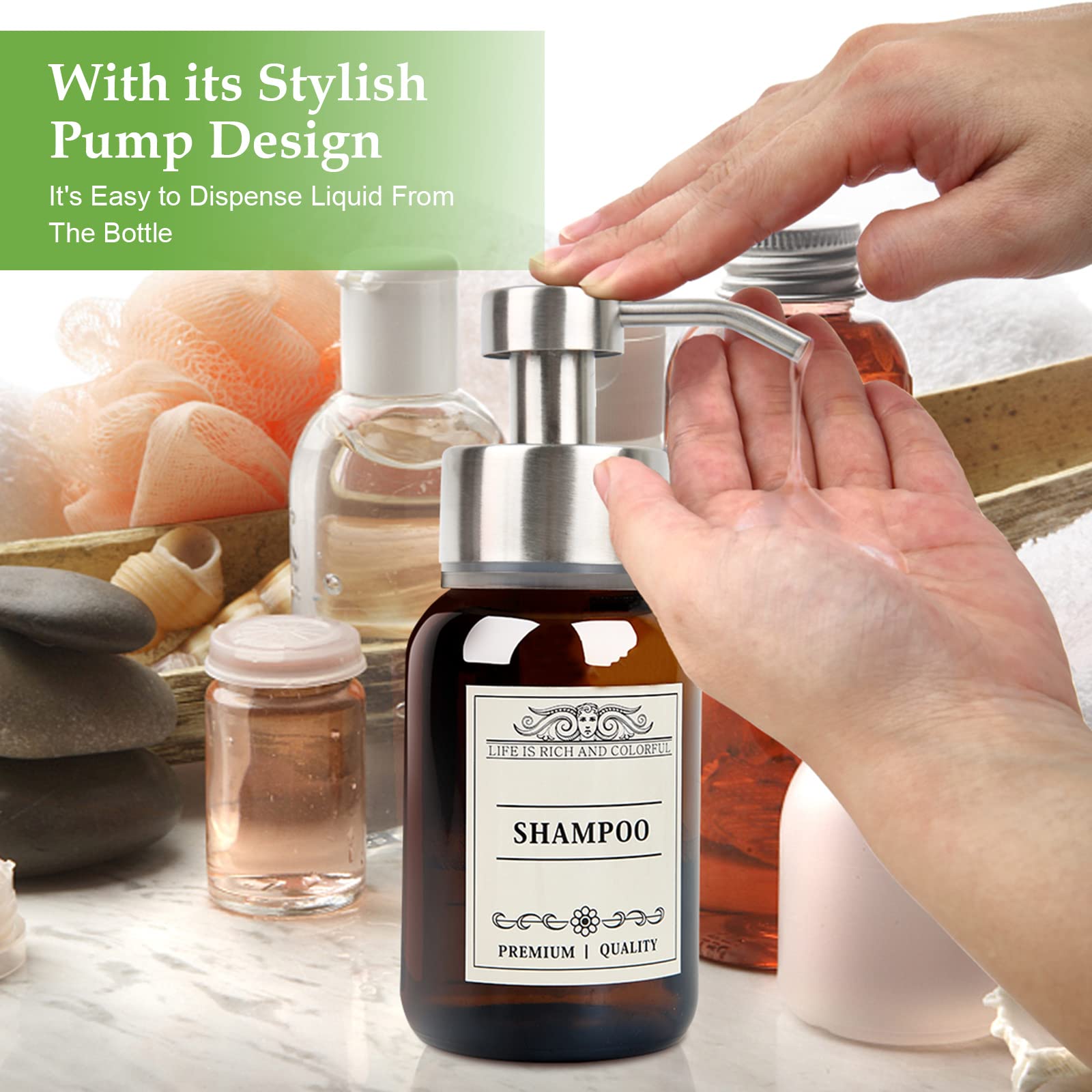 Nobtou Glass Soap Dispenser With Pump And Drill-Free Wall Mount Holder,8.5 Oz Shampoo And Conditioner Dispenser,Dish Soap Dispen