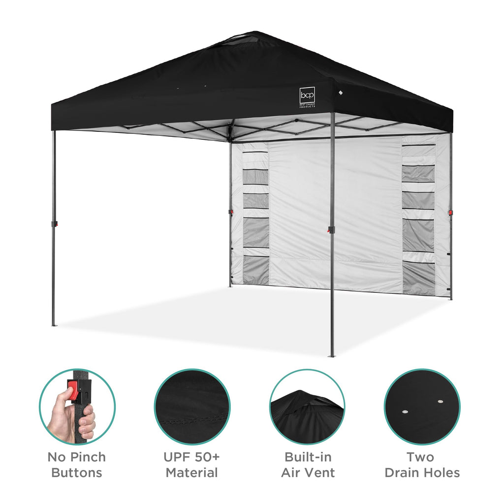 Best Choice Products 10X10Ft Easy Pop Up Canopy W/Side Wall, 10 Pockets, Portable Carrying Case, 1-Button Setup, 4 Weight Bags - Black