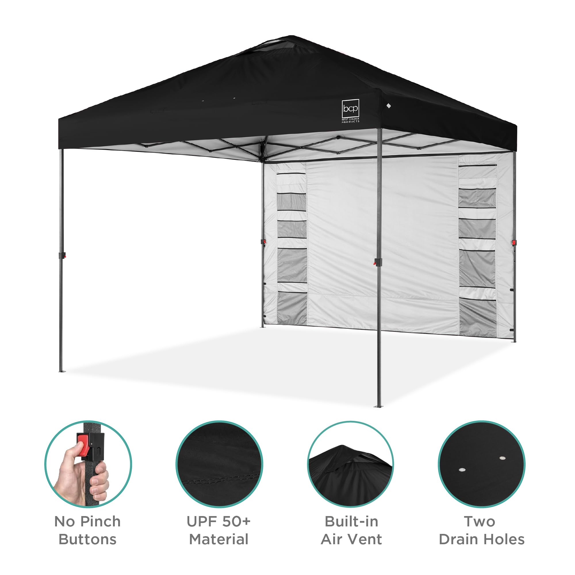 Best Choice Products 10X10Ft Easy Pop Up Canopy W/Side Wall, 10 Pockets, Portable Carrying Case, 1-Button Setup, 4 Weight Bags - Black