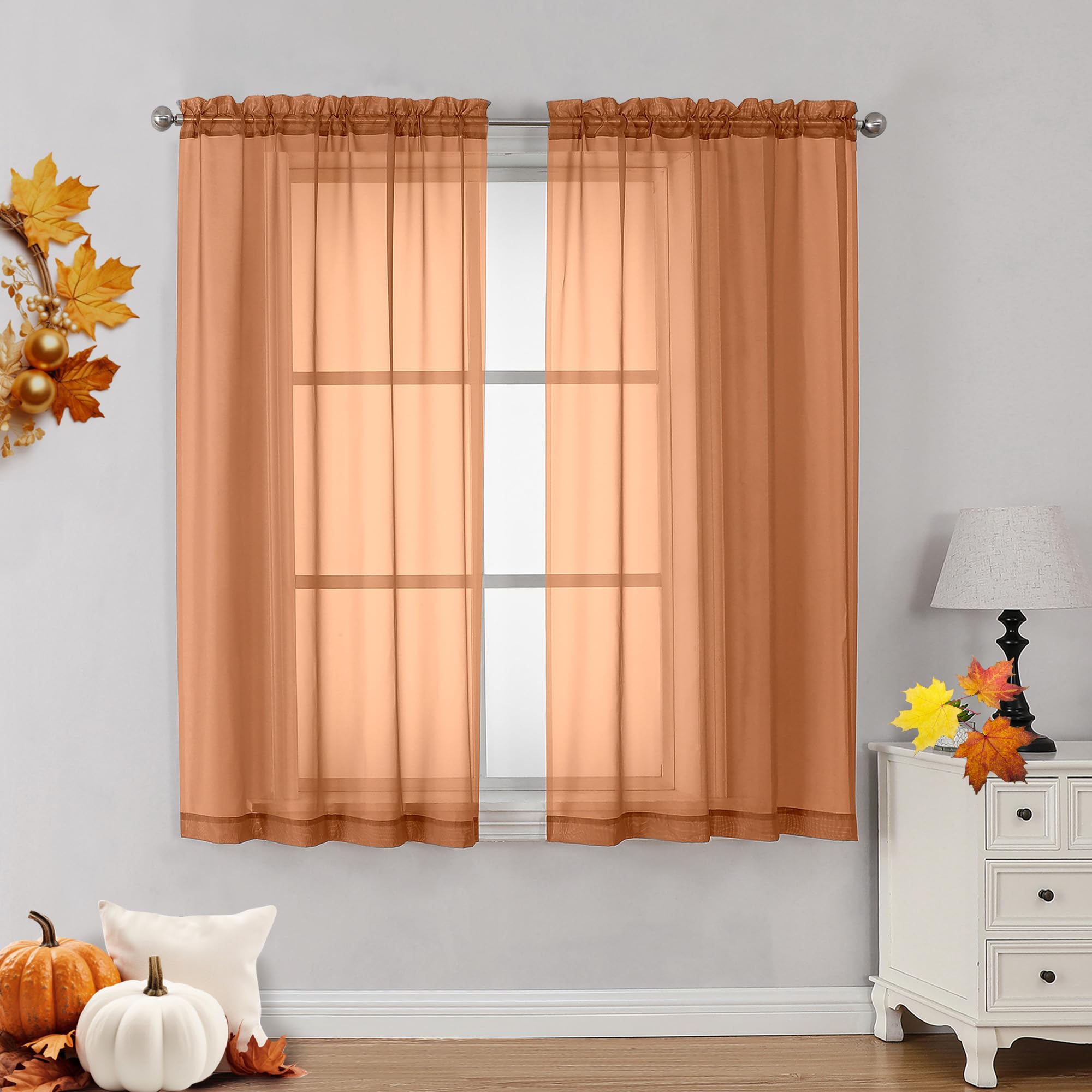 Ovzme Orange Sheer Curtains 45 Inches Long 2 Panels, Light Filtering Sheer Curtains For Bedroom, Elegant Airy Draperies For Livi