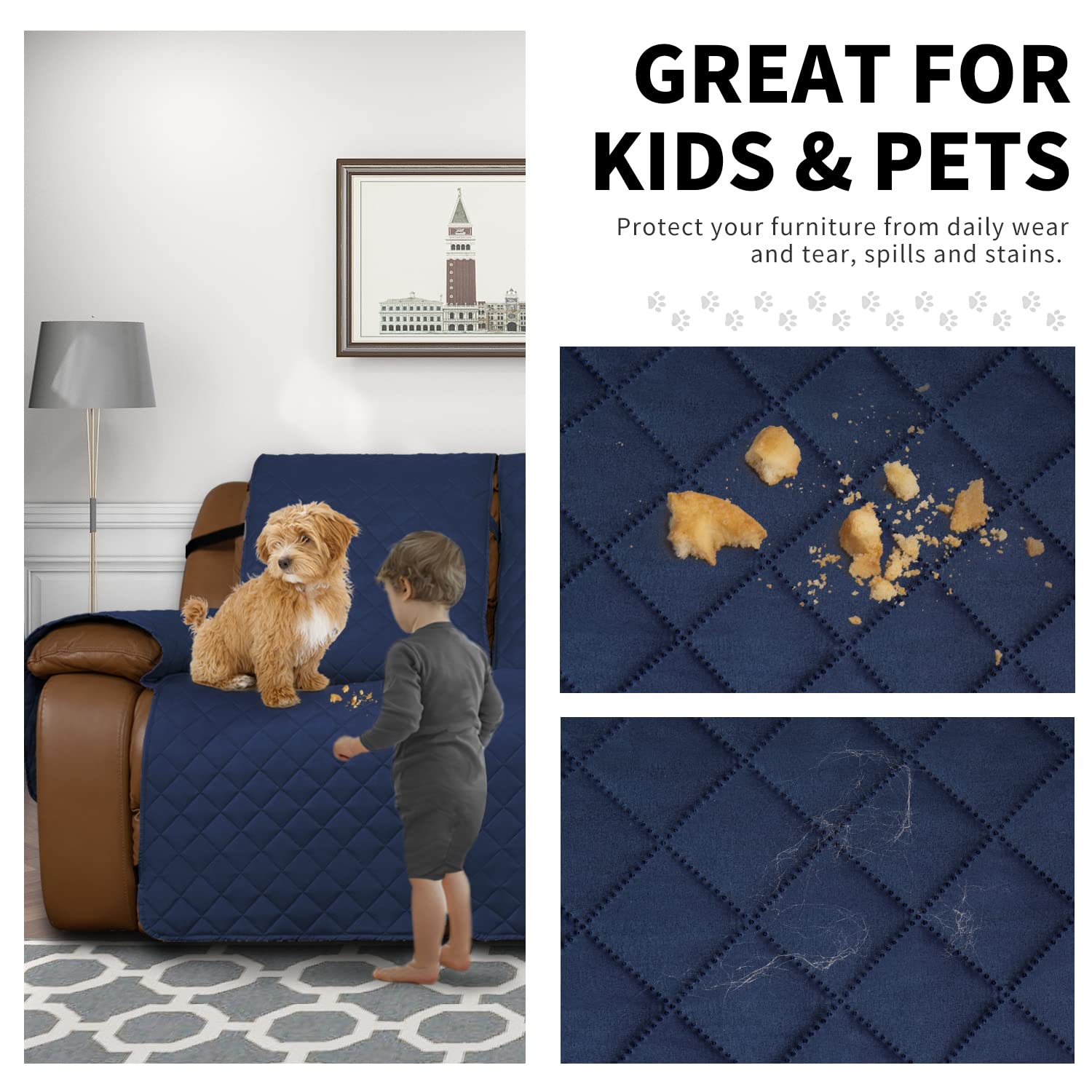 Easy-Going Oversized Recliner Sofa Cover, Reversible Couch Cover For 3 Seat Recliner, Split Sofa Cover For Each Seat With Elastic Straps For Kids, Dogs, Pets (3 Seater, Navy/Navy)