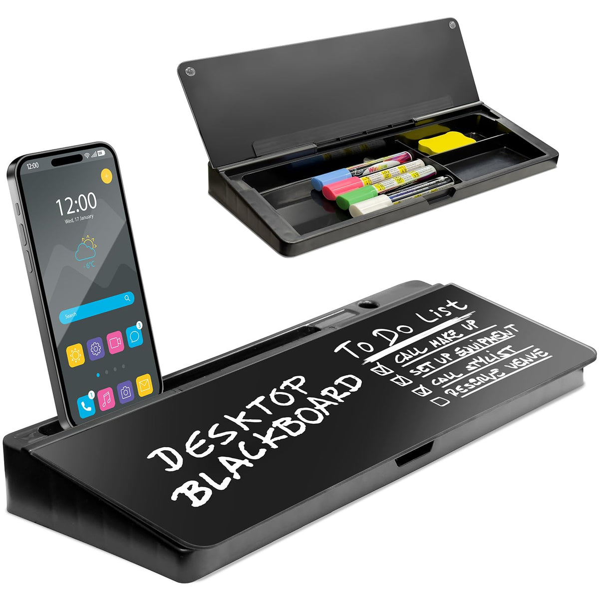Desktop Dry Erase Board - Glass Erase Board - Black Desk Computer Buddy - Home Office & Studying Essentials - Phone & Tablet Slo
