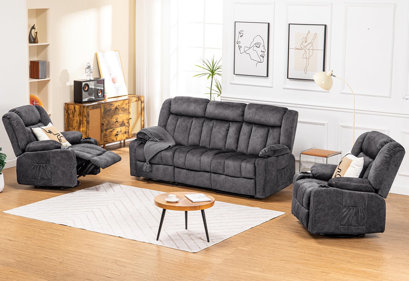 COMHOMA Manual Recliner Chair Set,Fabric Reclining Sofa Chair with Cup Holders, Upholstered Recliner with Side Pockets Suitable 