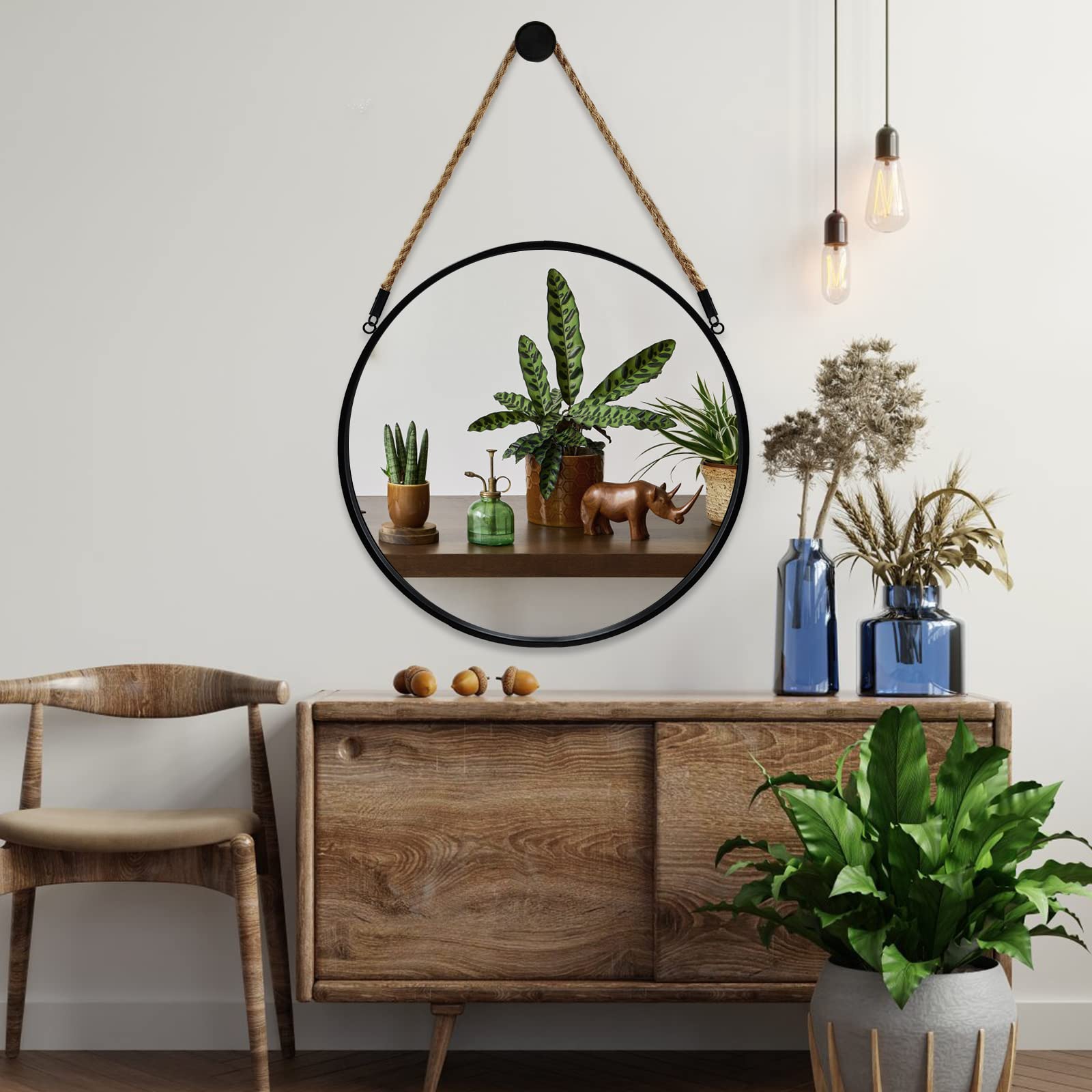 POZINO Black Round Hanging Mirror, Circle Rope Mirror, 15 Inch Farmhouse Mirror with Hanging Rope for Bathroom Bedroom Living Ro